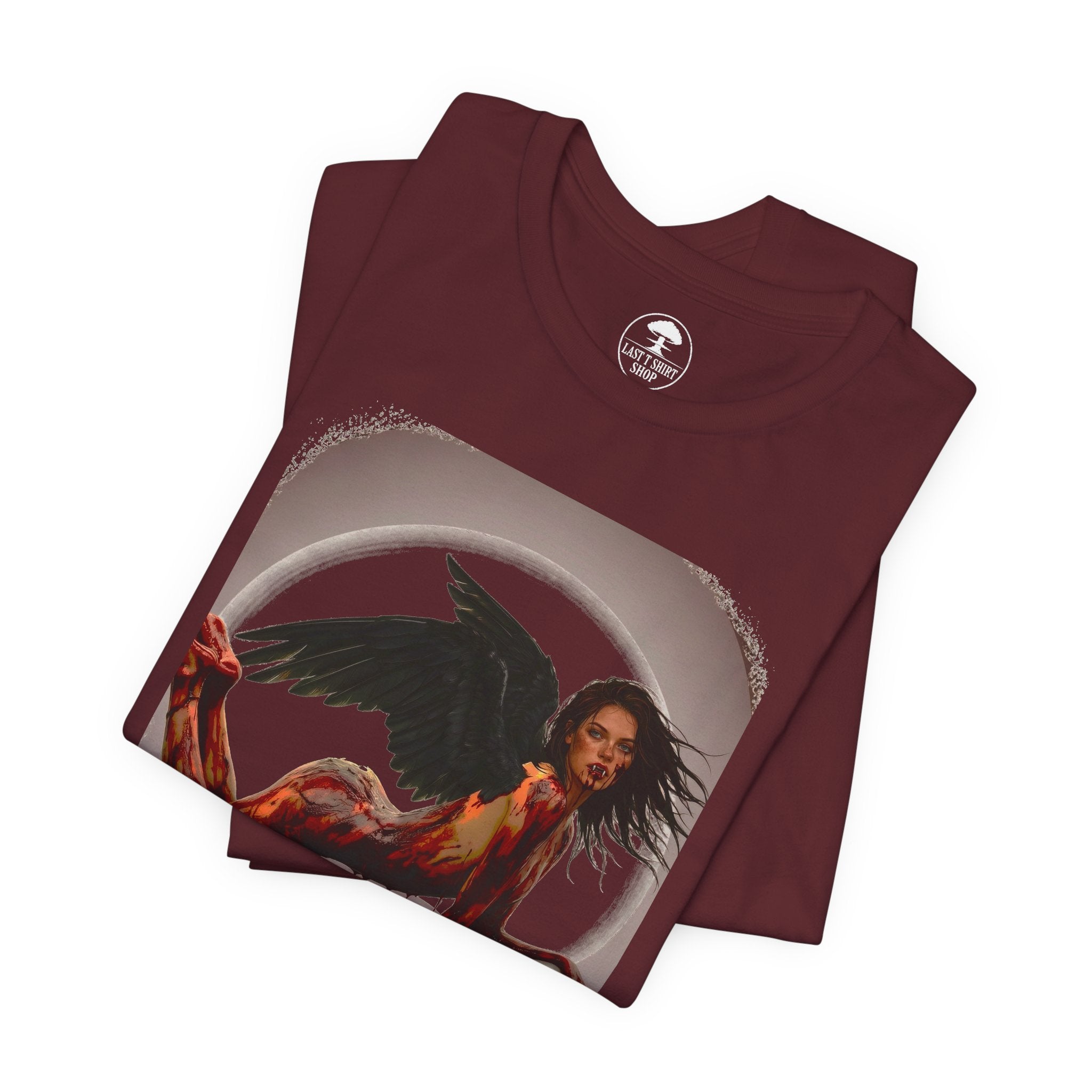 Gothic Fallen Angel With Skull Tee — Dark Fantasy Winged Woman Graphic T-Shirt