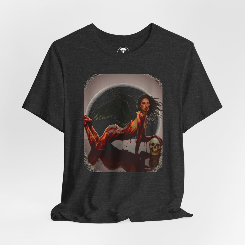 Gothic Fallen Angel With Skull Tee — Dark Fantasy Winged Woman Graphic T-Shirt