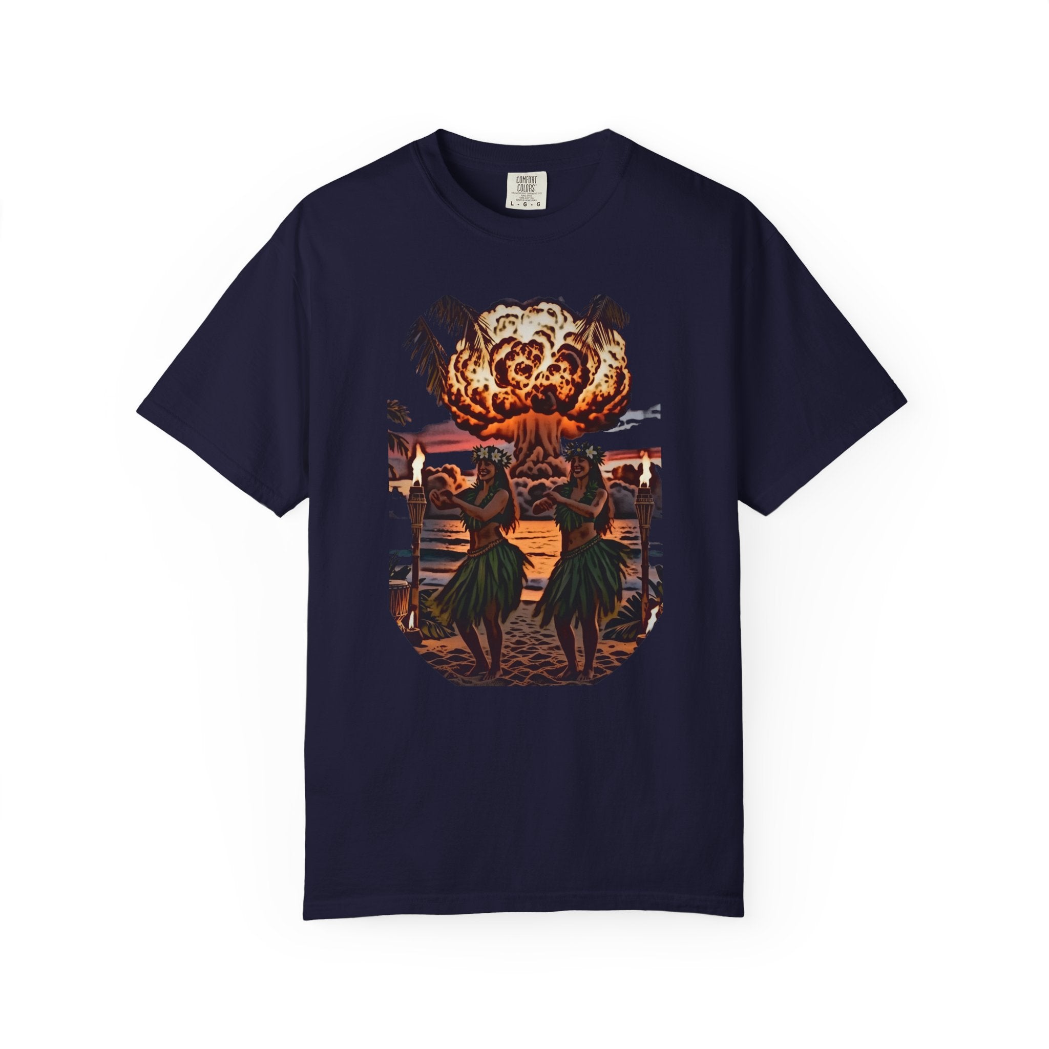 Nuclear Hula Party — Tiki Apocalypse Hula Girls Tee | Comfort Colors 1717 Garment-Dyed Dark Humor