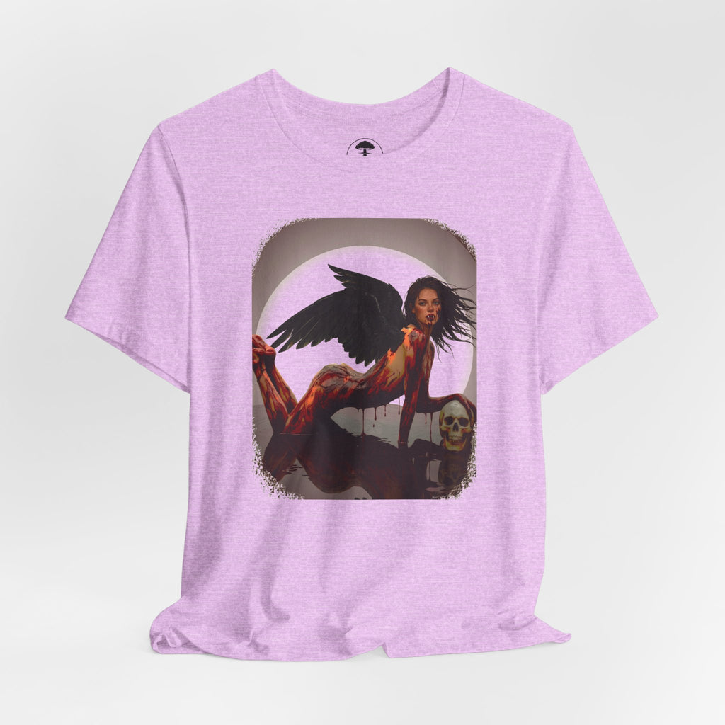 Gothic Fallen Angel With Skull Tee — Dark Fantasy Winged Woman Graphic T-Shirt