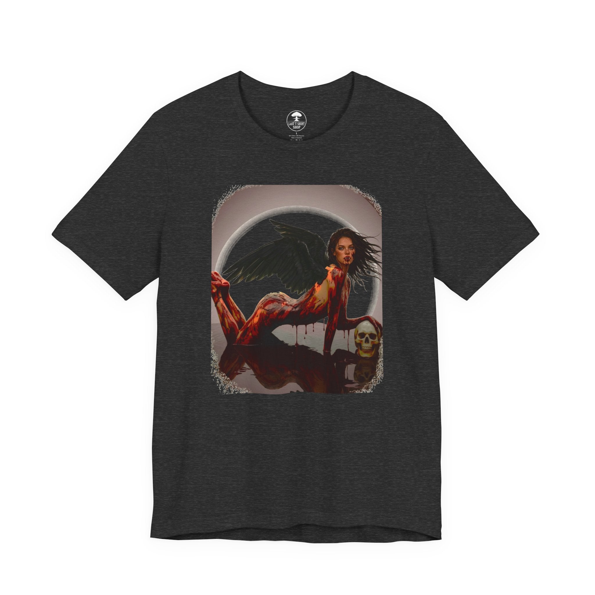 Gothic Fallen Angel With Skull Tee — Dark Fantasy Winged Woman Graphic T-Shirt
