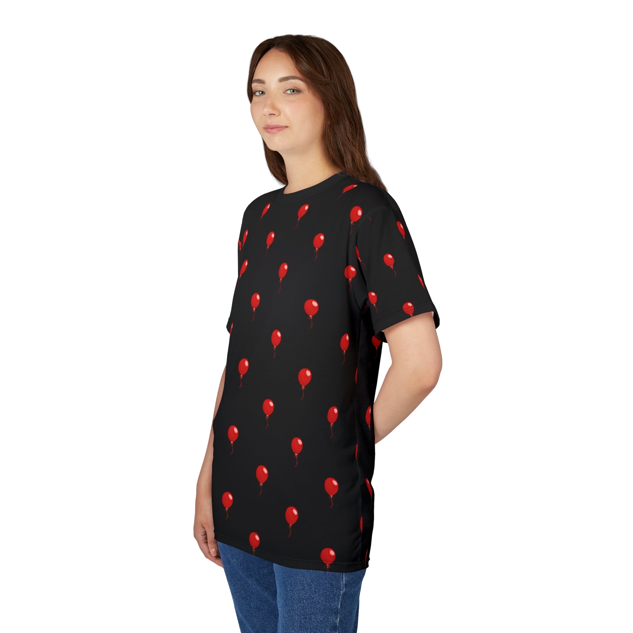 Red Balloon on Black Pattern Tee — All-Over Print Graphic T-Shirt - Polka-dots | Dark Humor