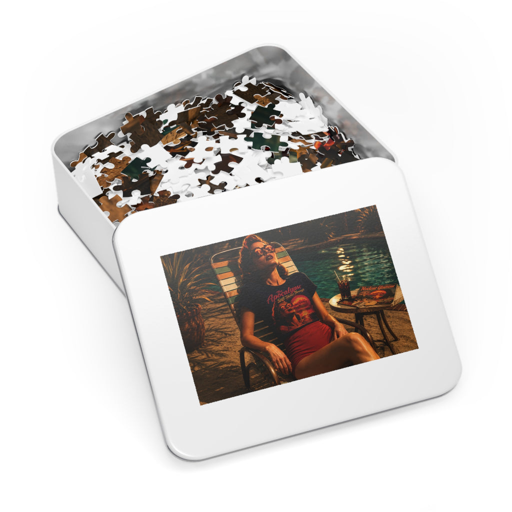"The Apocalypse Still Shines Through" — Nuclear Chic Jigsaw Puzzle in Tin | Retro Poolside Pin-Up Twilight Scene