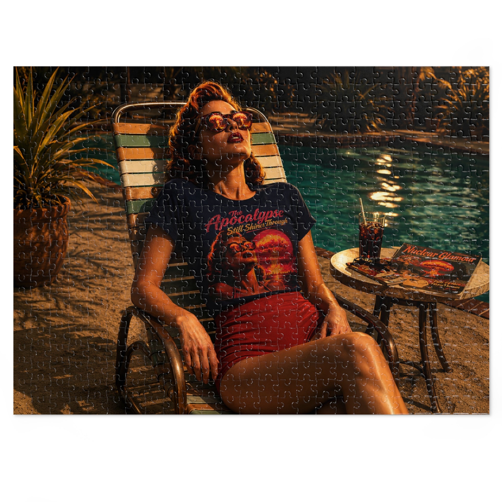 "The Apocalypse Still Shines Through" — Nuclear Chic Jigsaw Puzzle in Tin | Retro Poolside Pin-Up Twilight Scene
