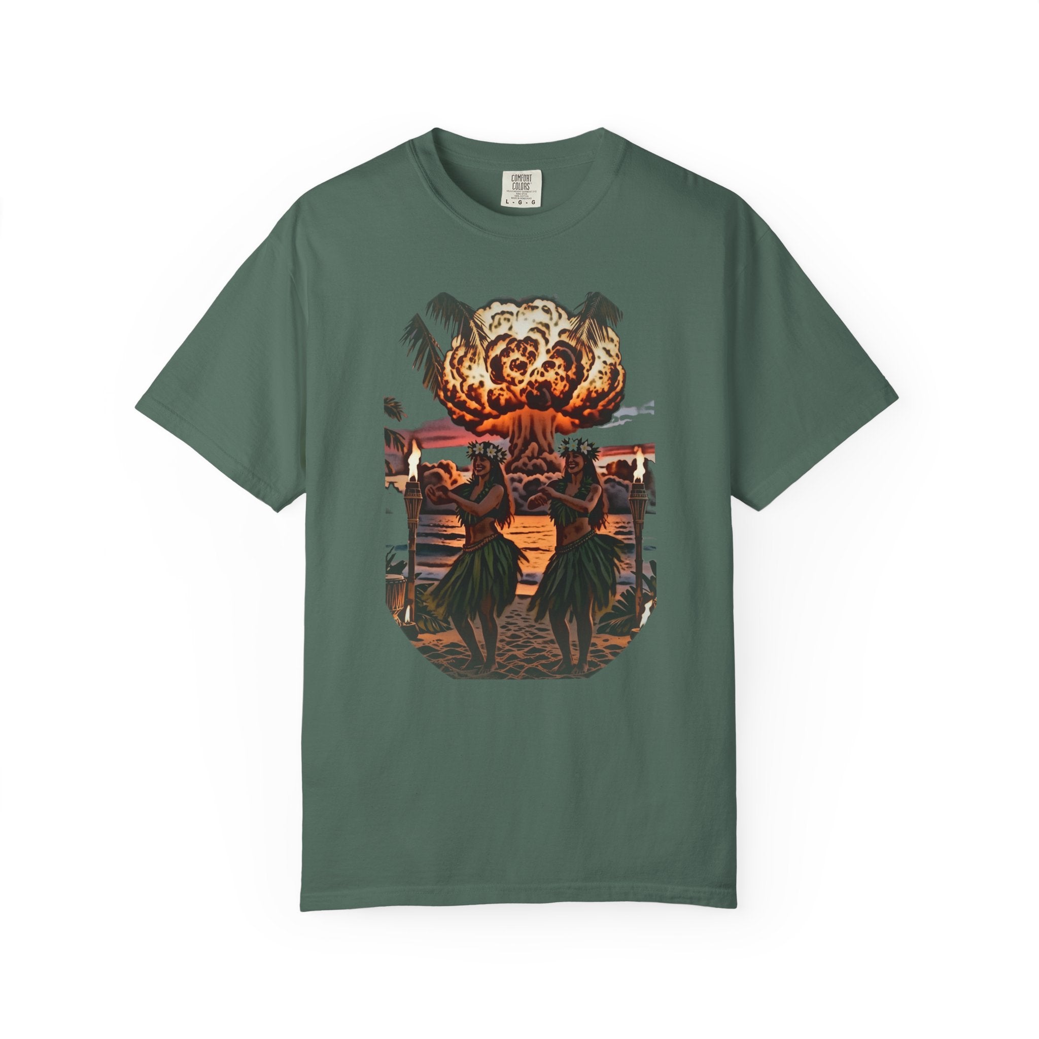 Nuclear Hula Party — Tiki Apocalypse Hula Girls Tee | Comfort Colors 1717 Garment-Dyed Dark Humor