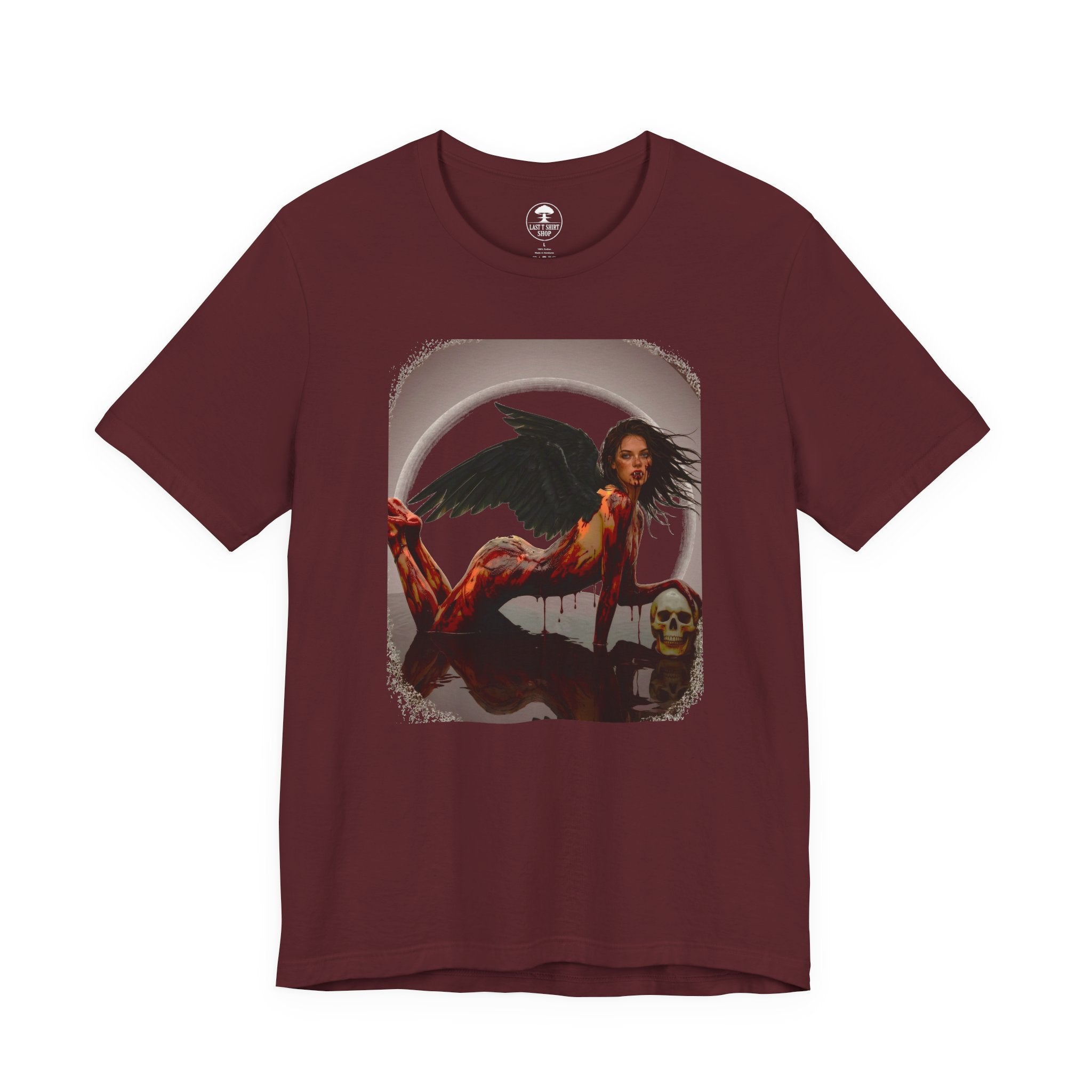 Gothic Fallen Angel With Skull Tee — Dark Fantasy Winged Woman Graphic T-Shirt