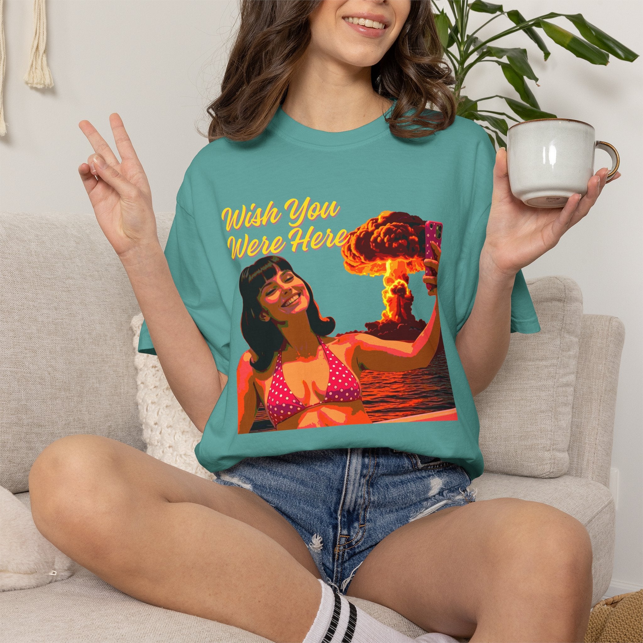 Wish You Were Here -- Bikini Selfie Nuclear Glam — Retro Apocalyptic Postcard Tee
