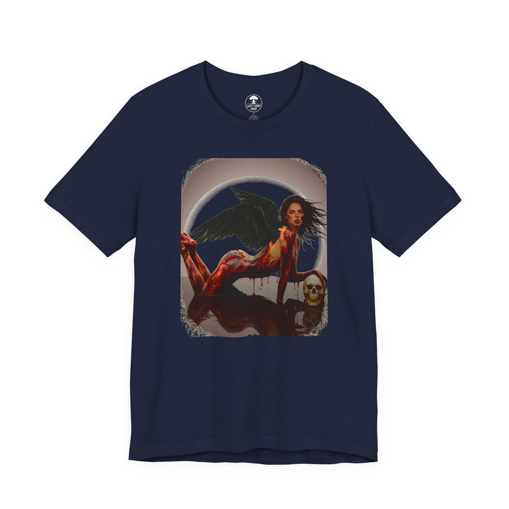 Gothic Fallen Angel With Skull Tee — Dark Fantasy Winged Woman Graphic T-Shirt