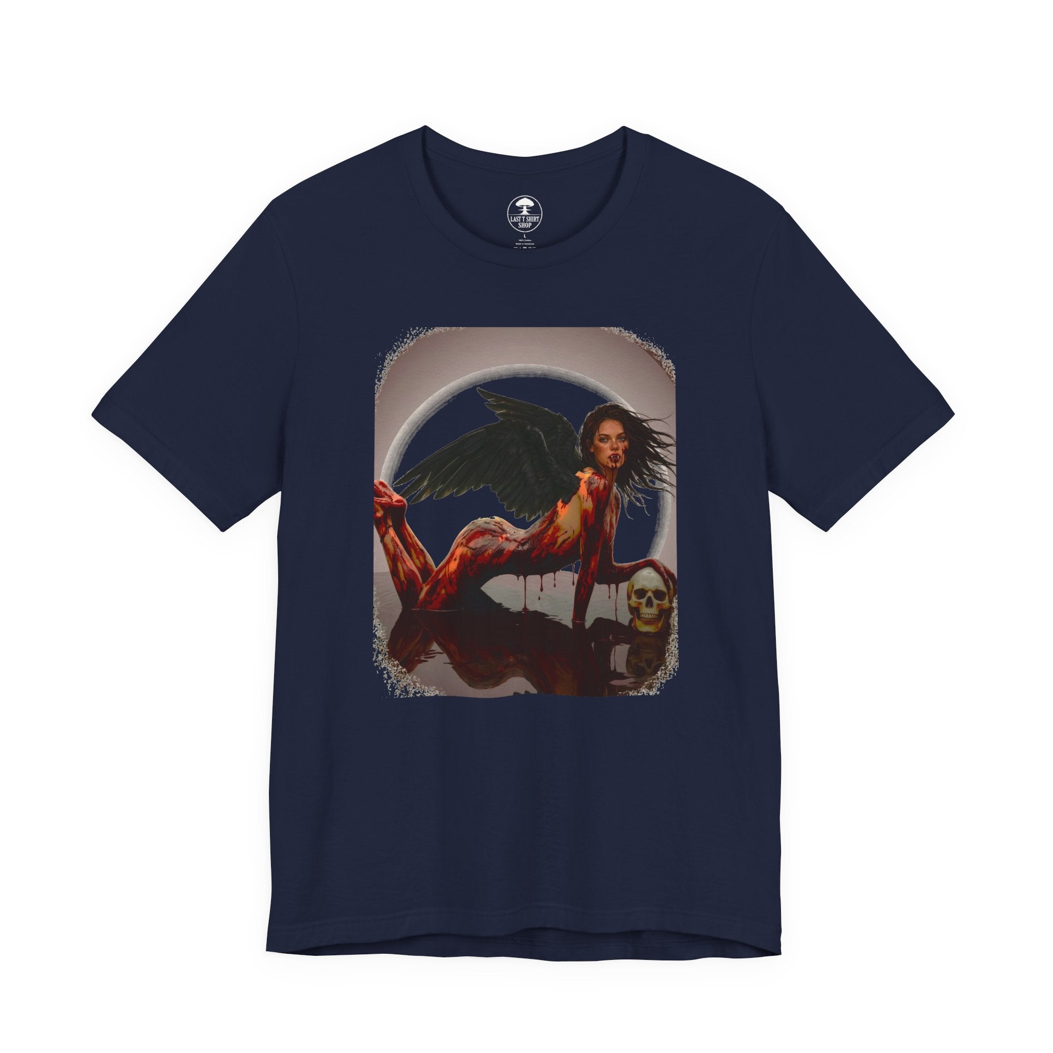 Gothic Fallen Angel With Skull Tee — Dark Fantasy Winged Woman Graphic T-Shirt