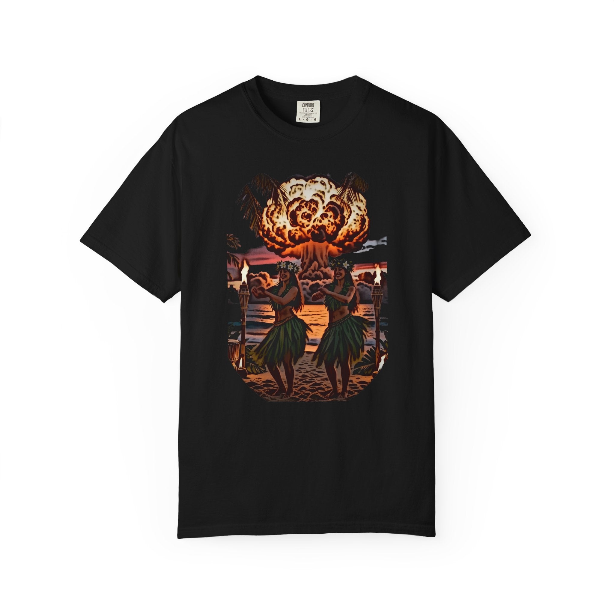 Nuclear Hula Party — Tiki Apocalypse Hula Girls Tee | Comfort Colors 1717 Garment-Dyed Dark Humor