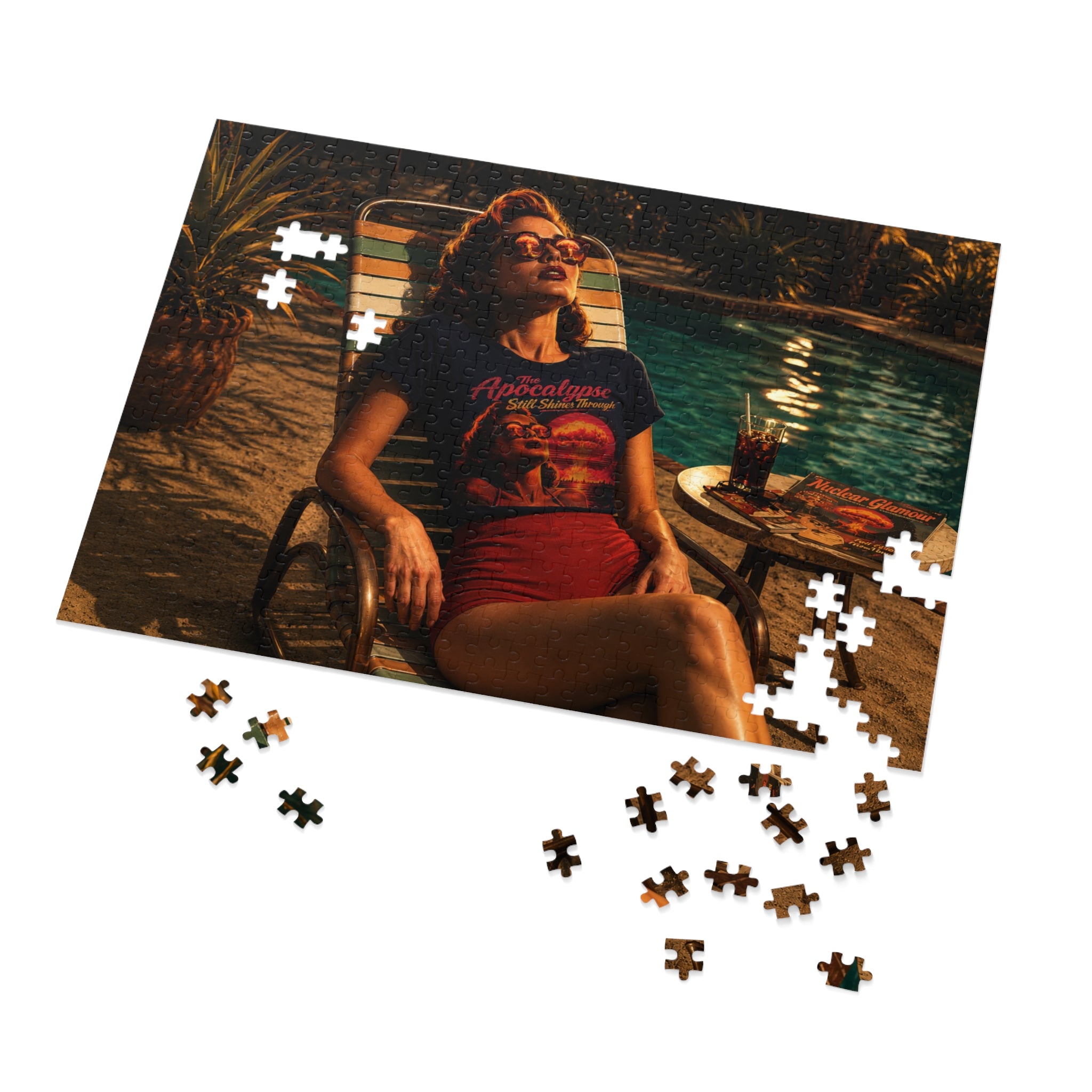 "The Apocalypse Still Shines Through" — Nuclear Chic Jigsaw Puzzle in Tin | Retro Poolside Pin-Up Twilight Scene