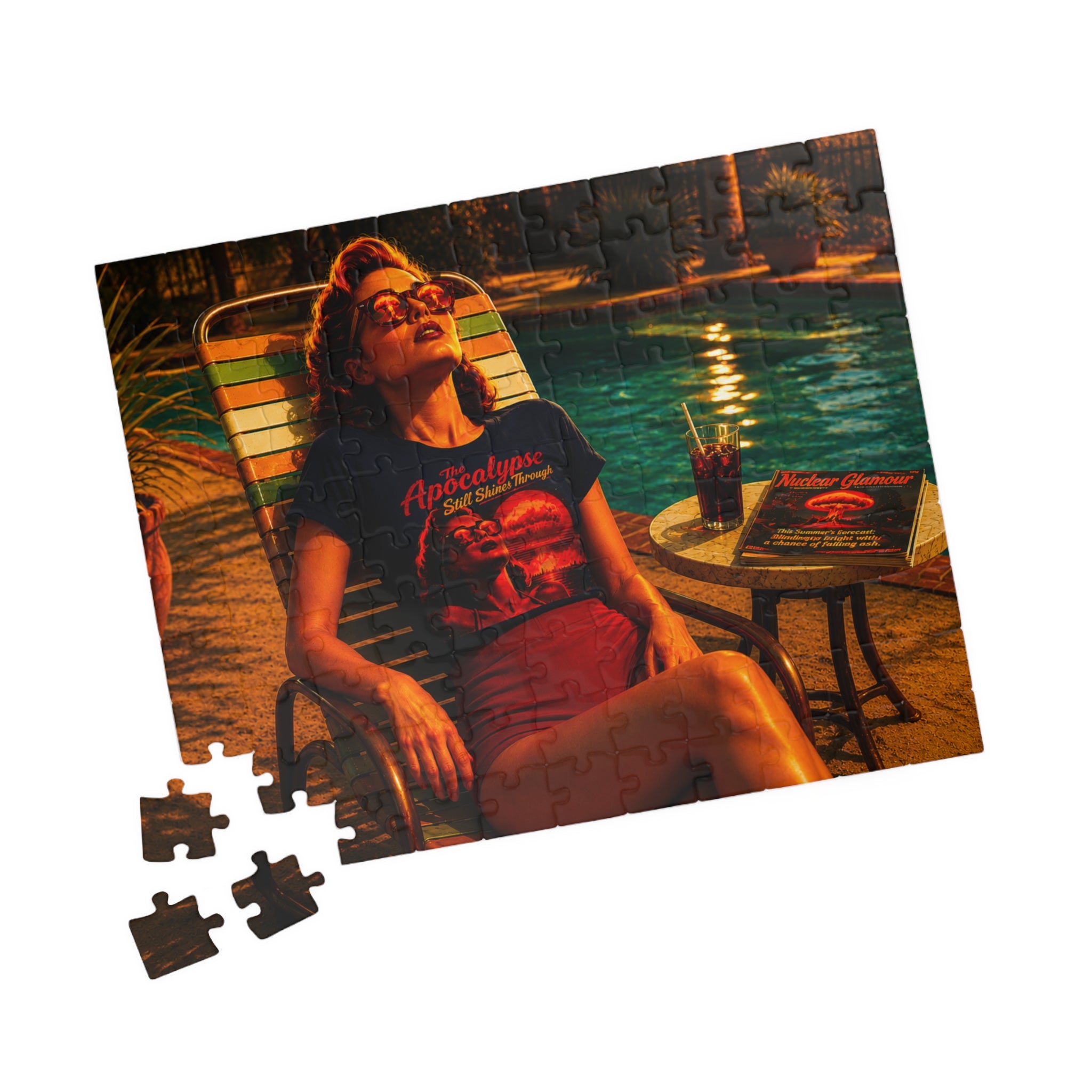 The Apocalypse Still Shines Through — Nuclear Chic Jigsaw Puzzle | Retro Poolside Pin-Up Night Scene (110, 252, 520, 1014-piece)