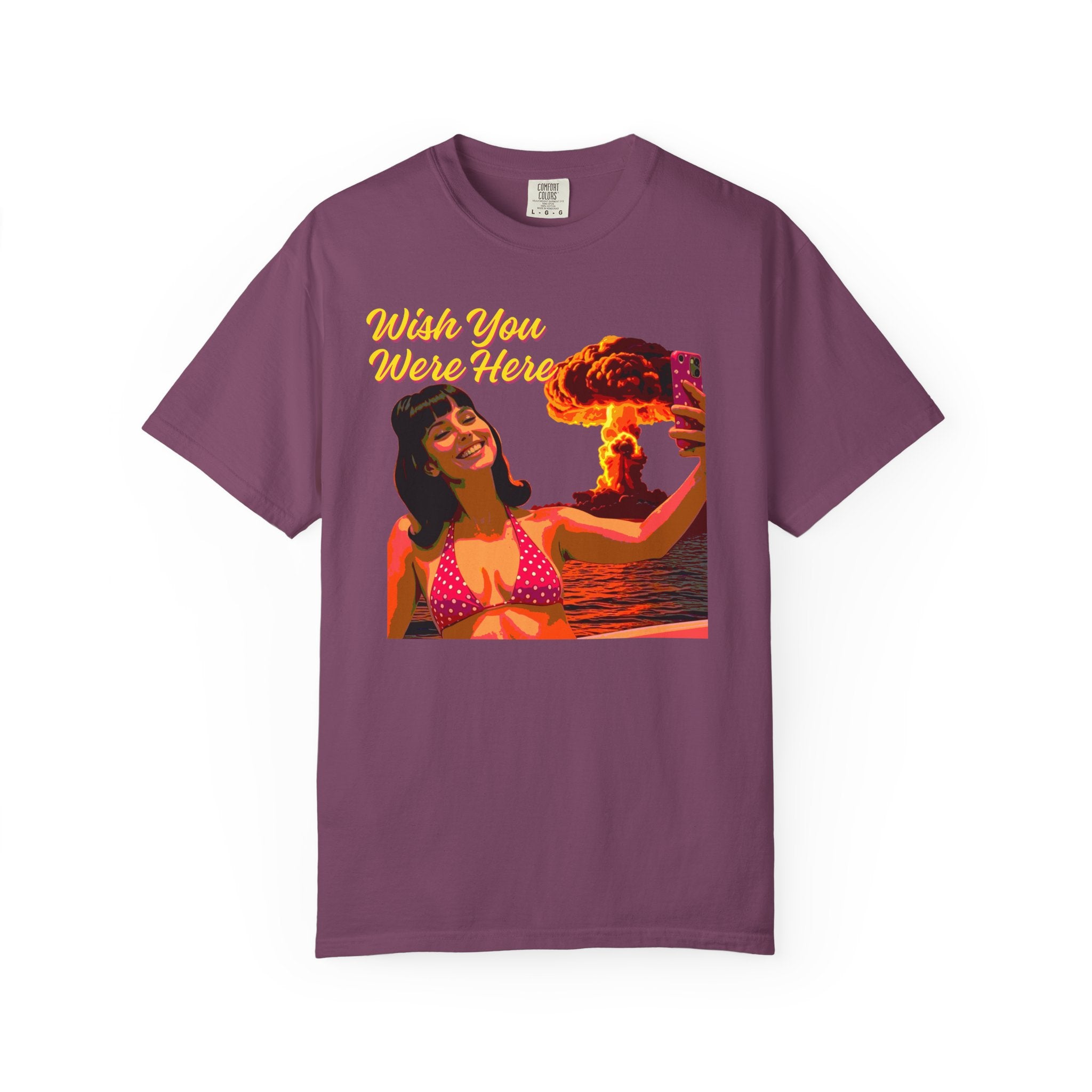 Wish You Were Here -- Bikini Selfie Nuclear Glam — Retro Apocalyptic Postcard Tee