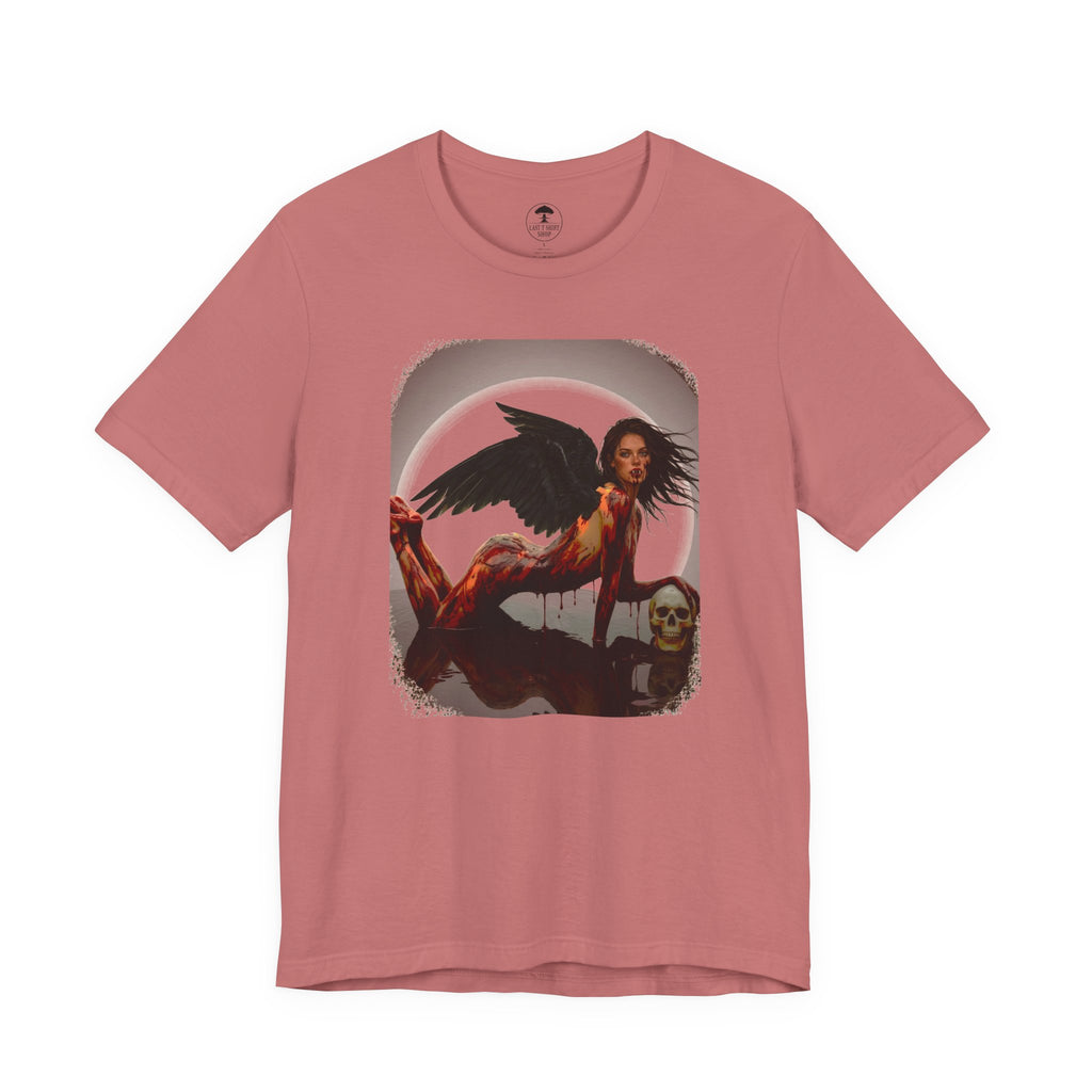 Gothic Fallen Angel With Skull Tee — Dark Fantasy Winged Woman Graphic T-Shirt