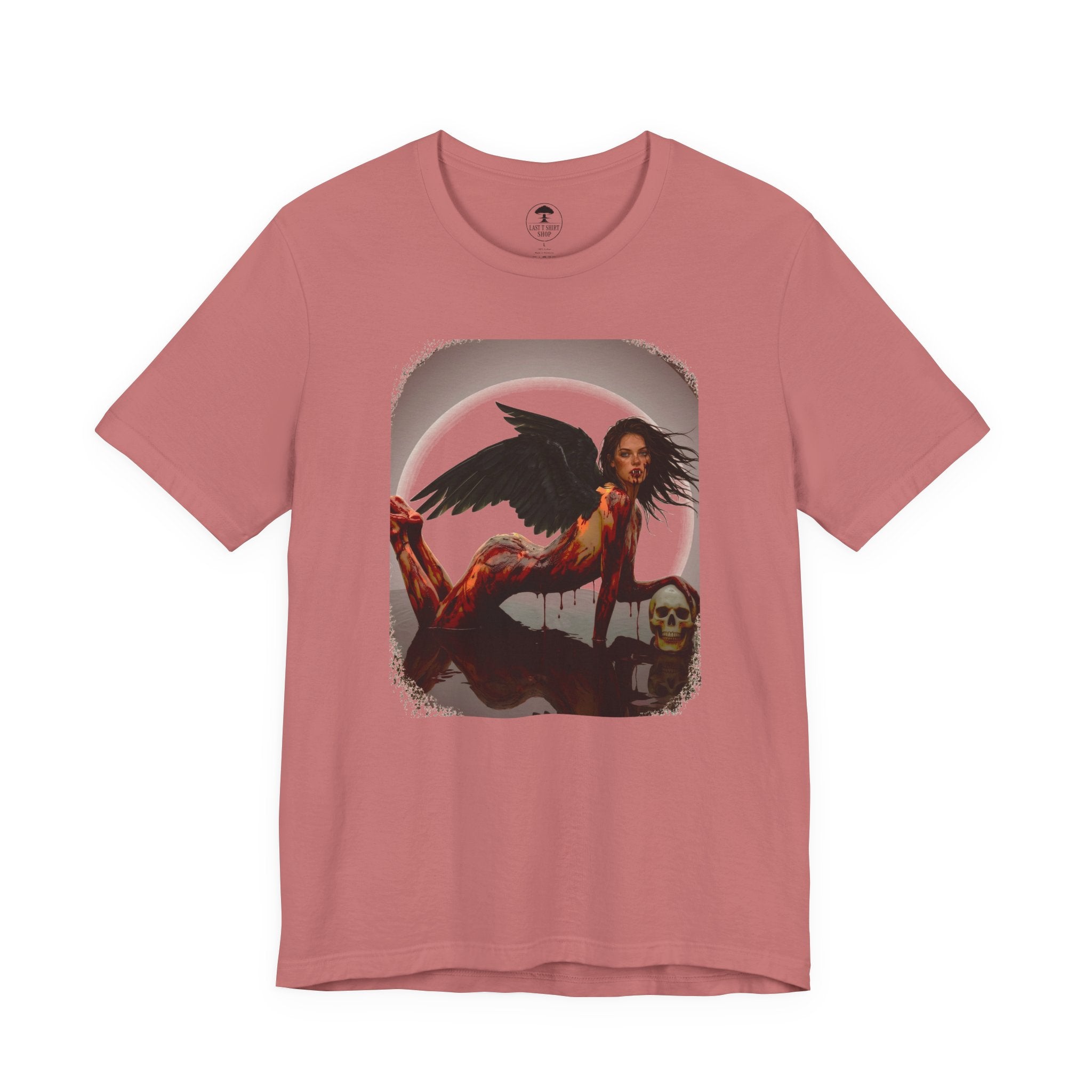 Gothic Fallen Angel With Skull Tee — Dark Fantasy Winged Woman Graphic T-Shirt