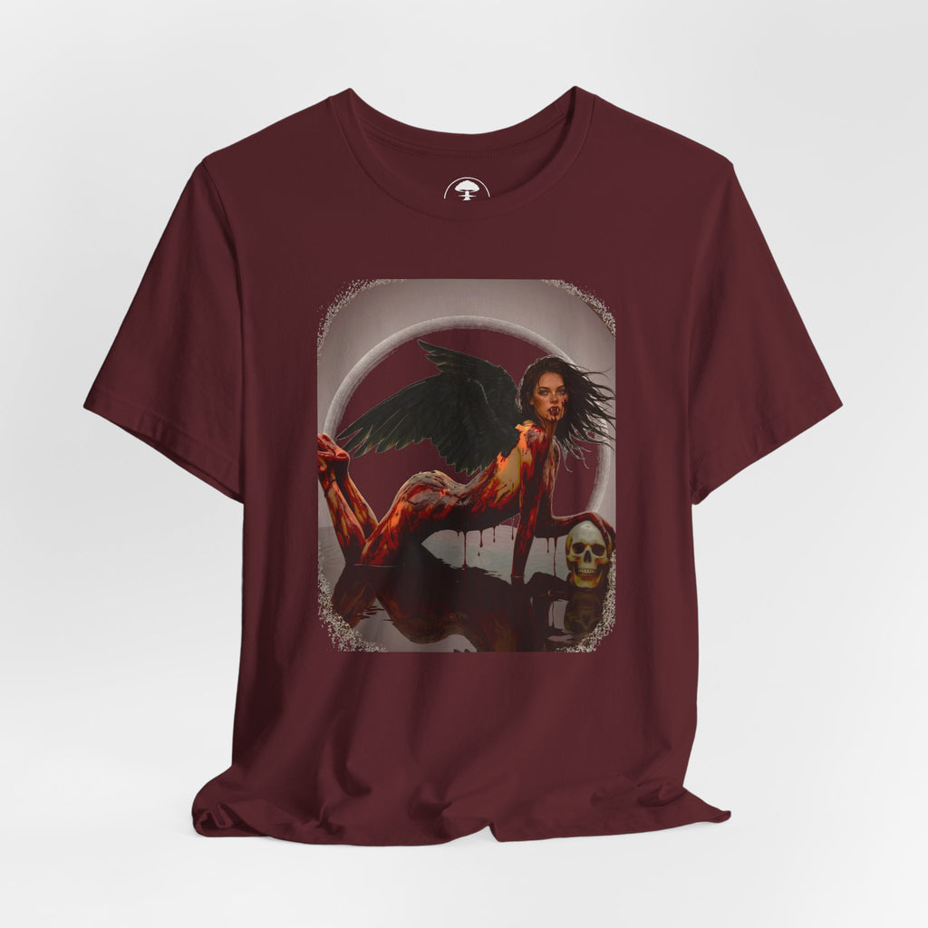 Gothic Fallen Angel With Skull Tee — Dark Fantasy Winged Woman Graphic T-Shirt