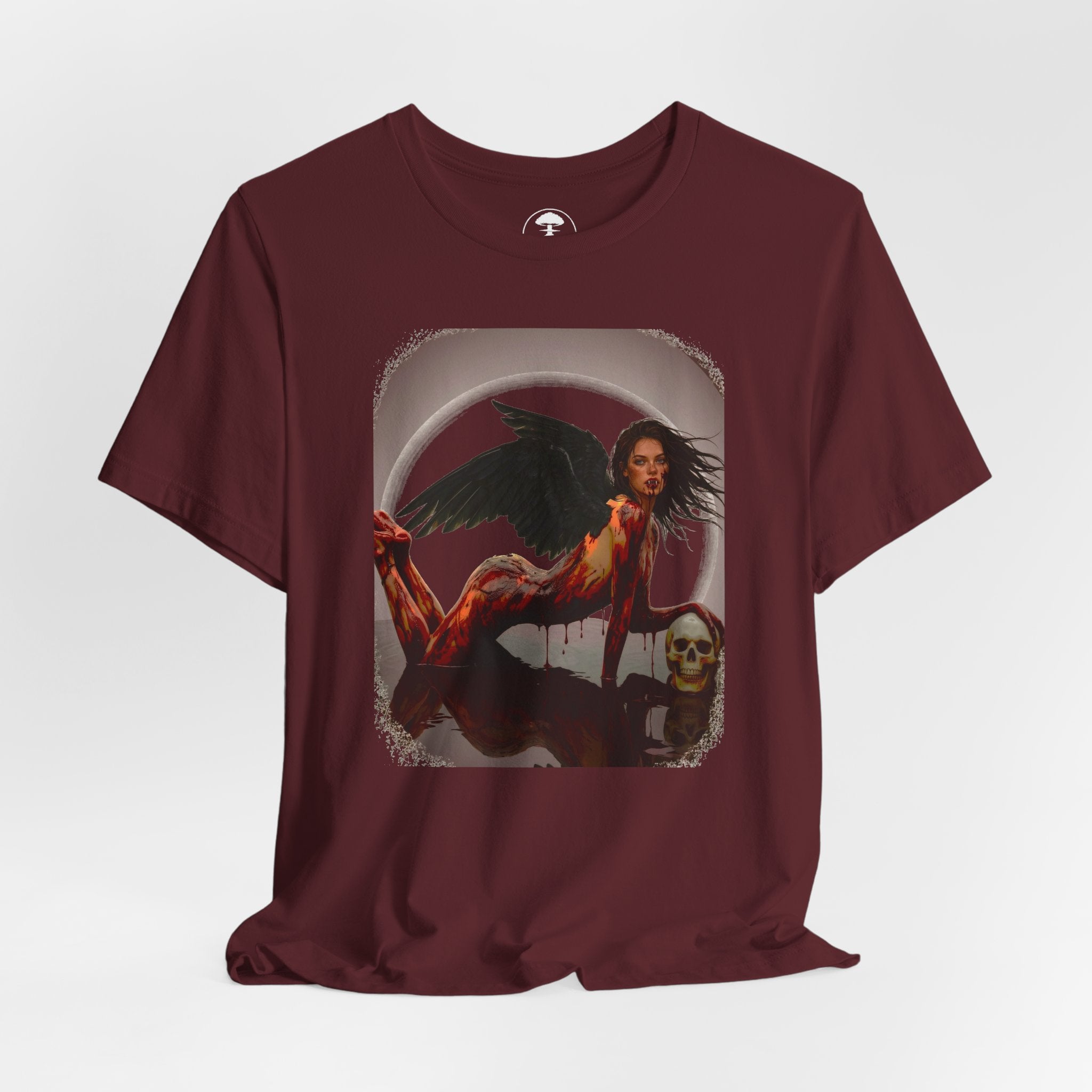 Gothic Fallen Angel With Skull Tee — Dark Fantasy Winged Woman Graphic T-Shirt