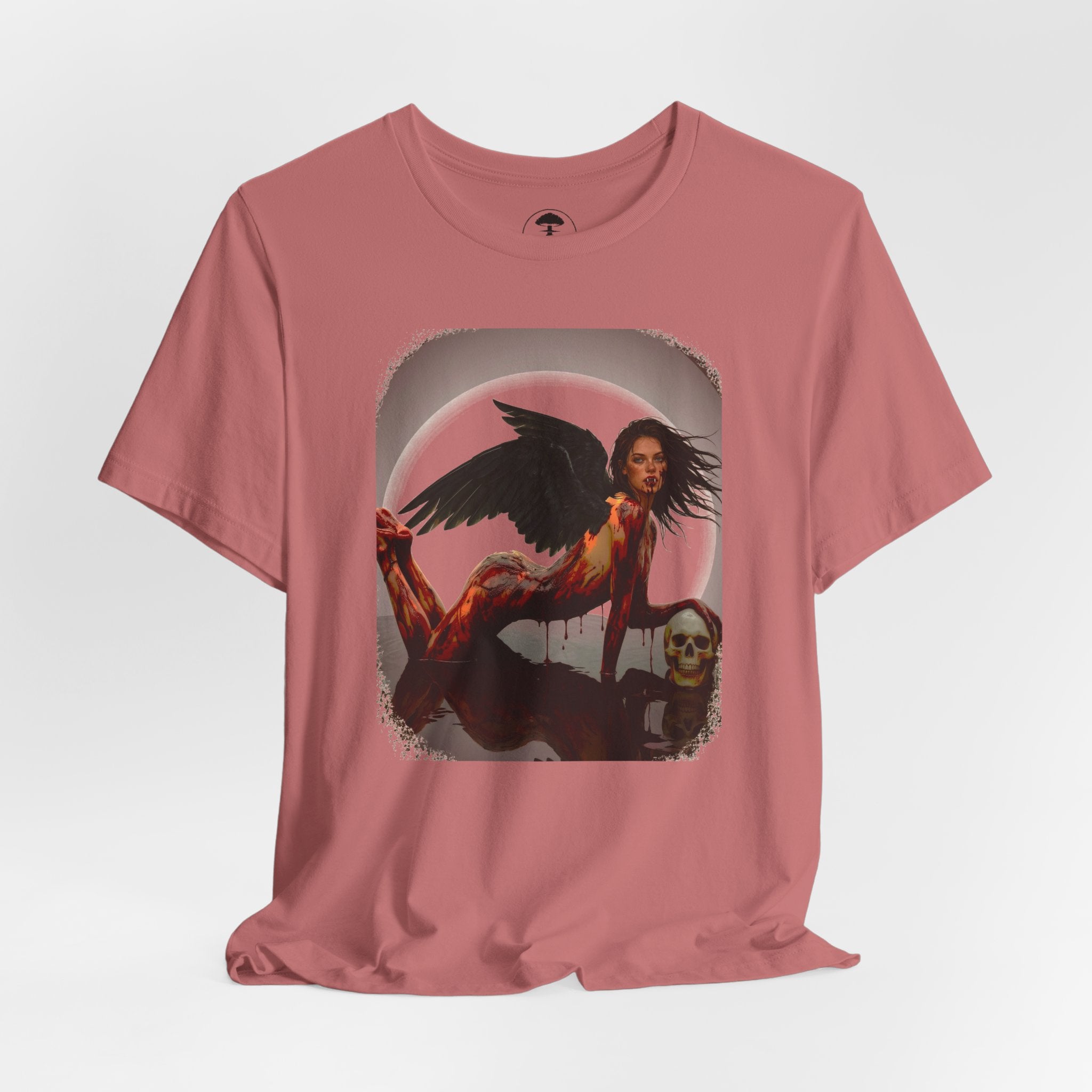 Gothic Fallen Angel With Skull Tee — Dark Fantasy Winged Woman Graphic T-Shirt