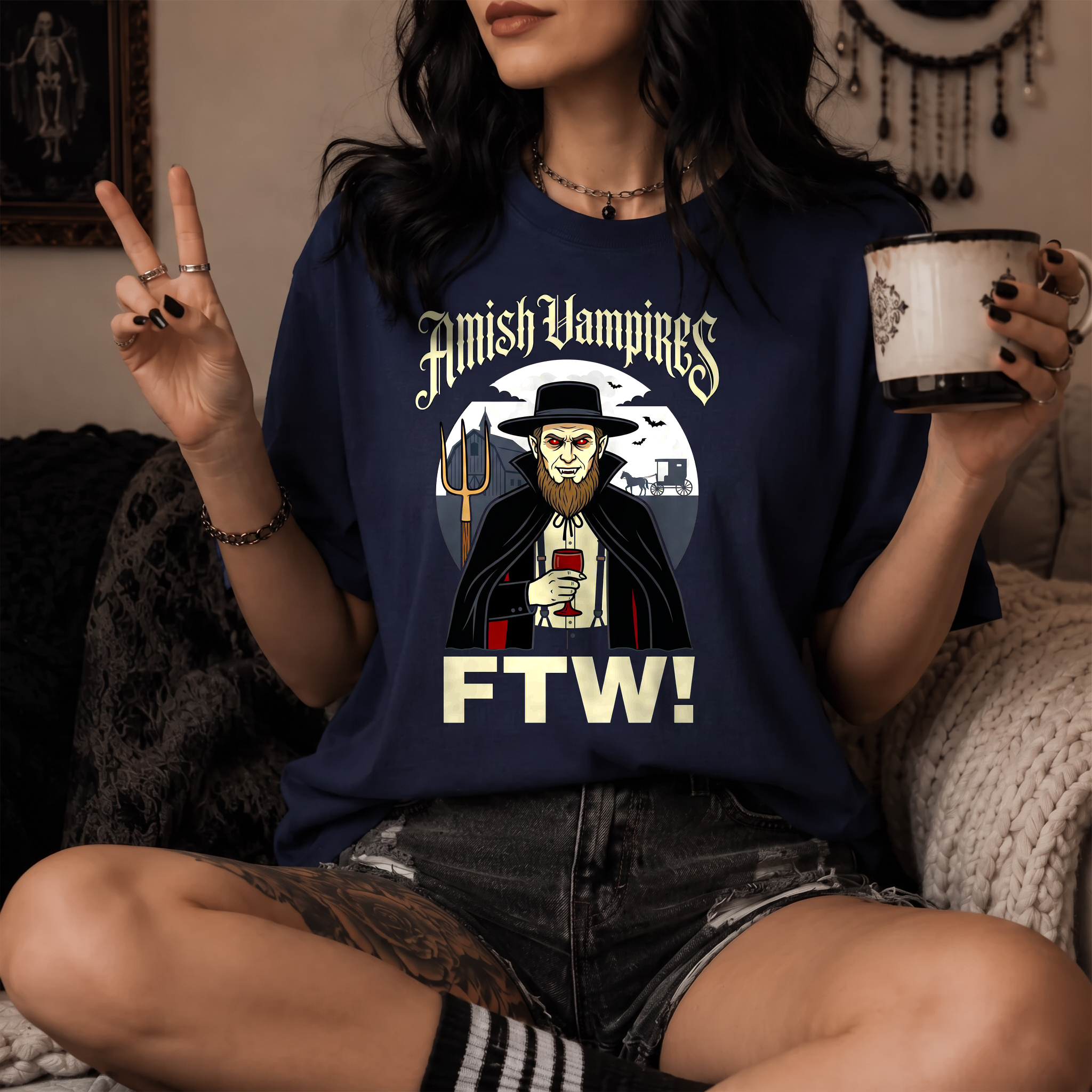 Amish Vampires FTW — Absurd Gothic Horror Dark Humor Tee | Comfort Colors 1717 Garment-Dyed