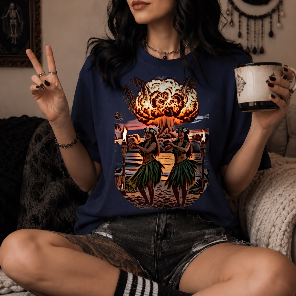 Nuclear Hula Party — Tiki Apocalypse Hula Girls Tee | Comfort Colors 1717 Garment-Dyed Dark Humor