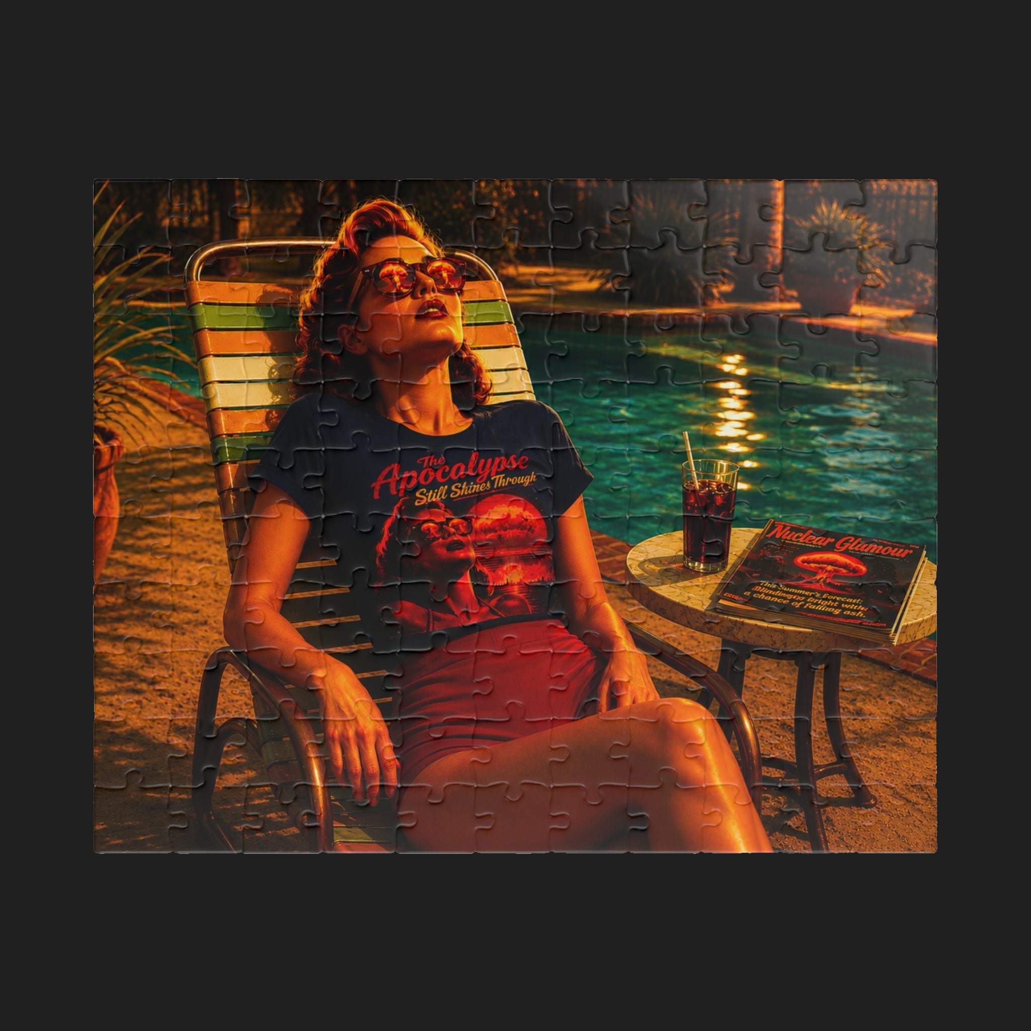 The Apocalypse Still Shines Through — Nuclear Chic Jigsaw Puzzle | Retro Poolside Pin-Up Night Scene (110, 252, 520, 1014-piece)