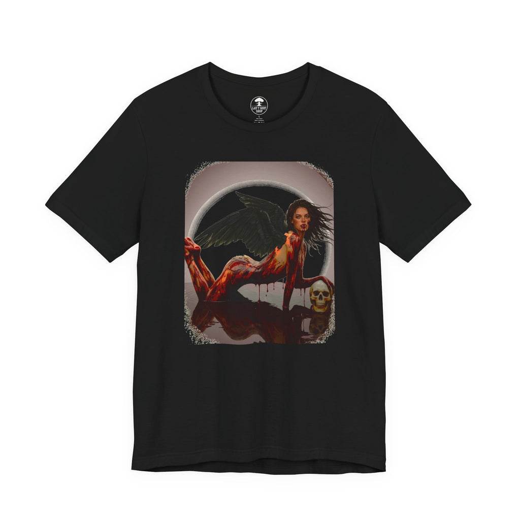 Gothic Fallen Angel With Skull Tee — Dark Fantasy Winged Woman Graphic T-Shirt