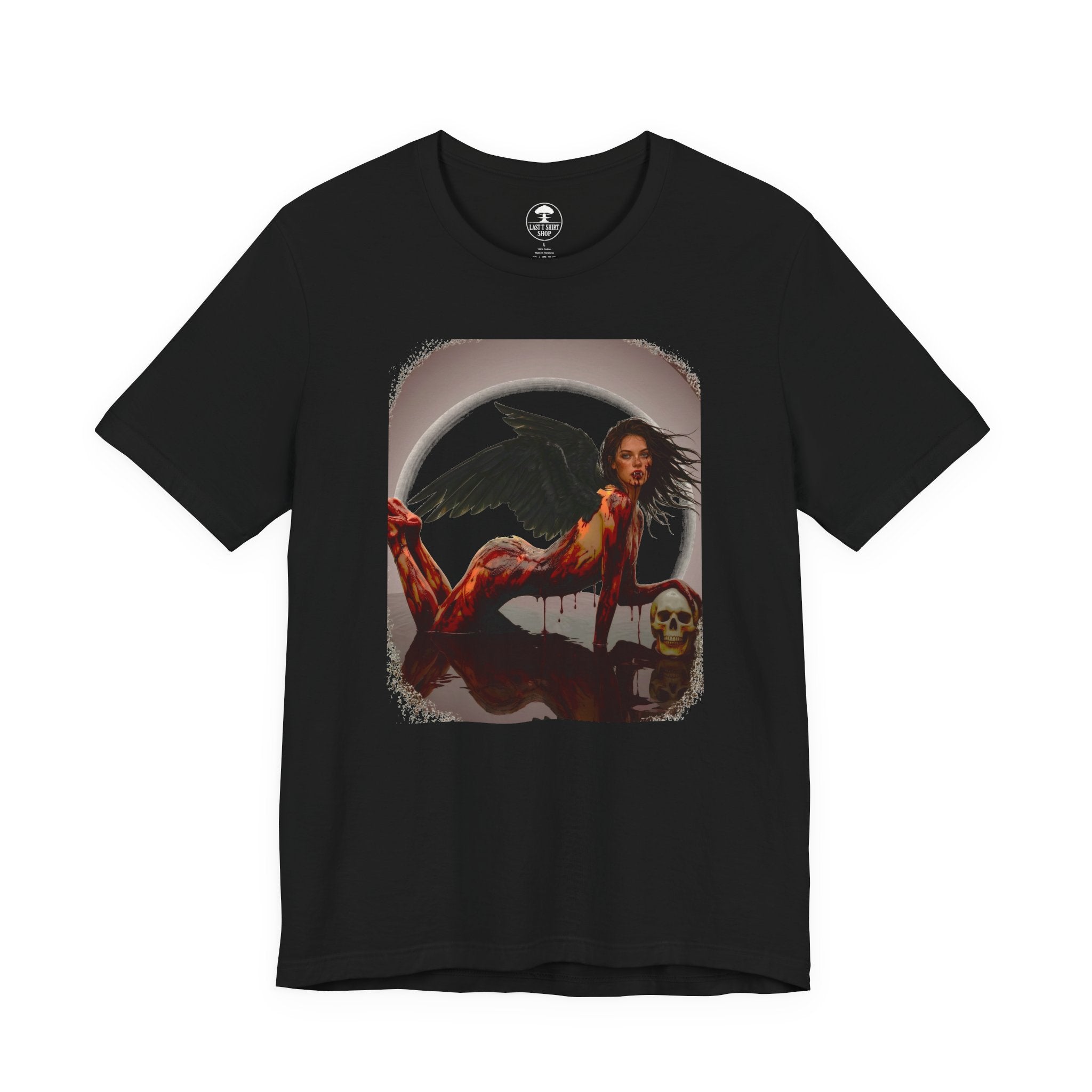 Gothic Fallen Angel With Skull Tee — Dark Fantasy Winged Woman Graphic T-Shirt
