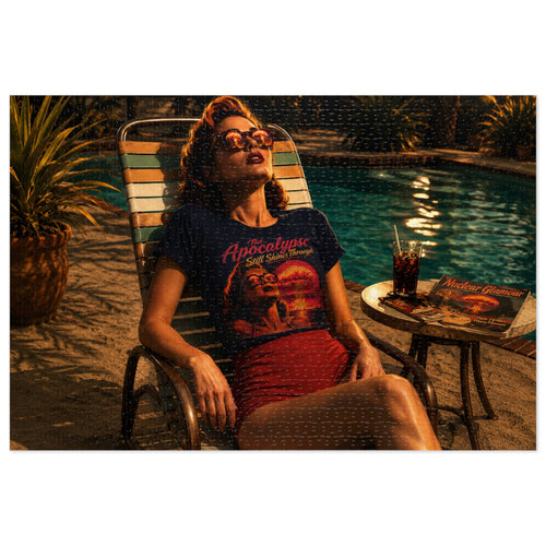 "The Apocalypse Still Shines Through" — Nuclear Chic Jigsaw Puzzle in Tin | Retro Poolside Pin-Up Twilight Scene