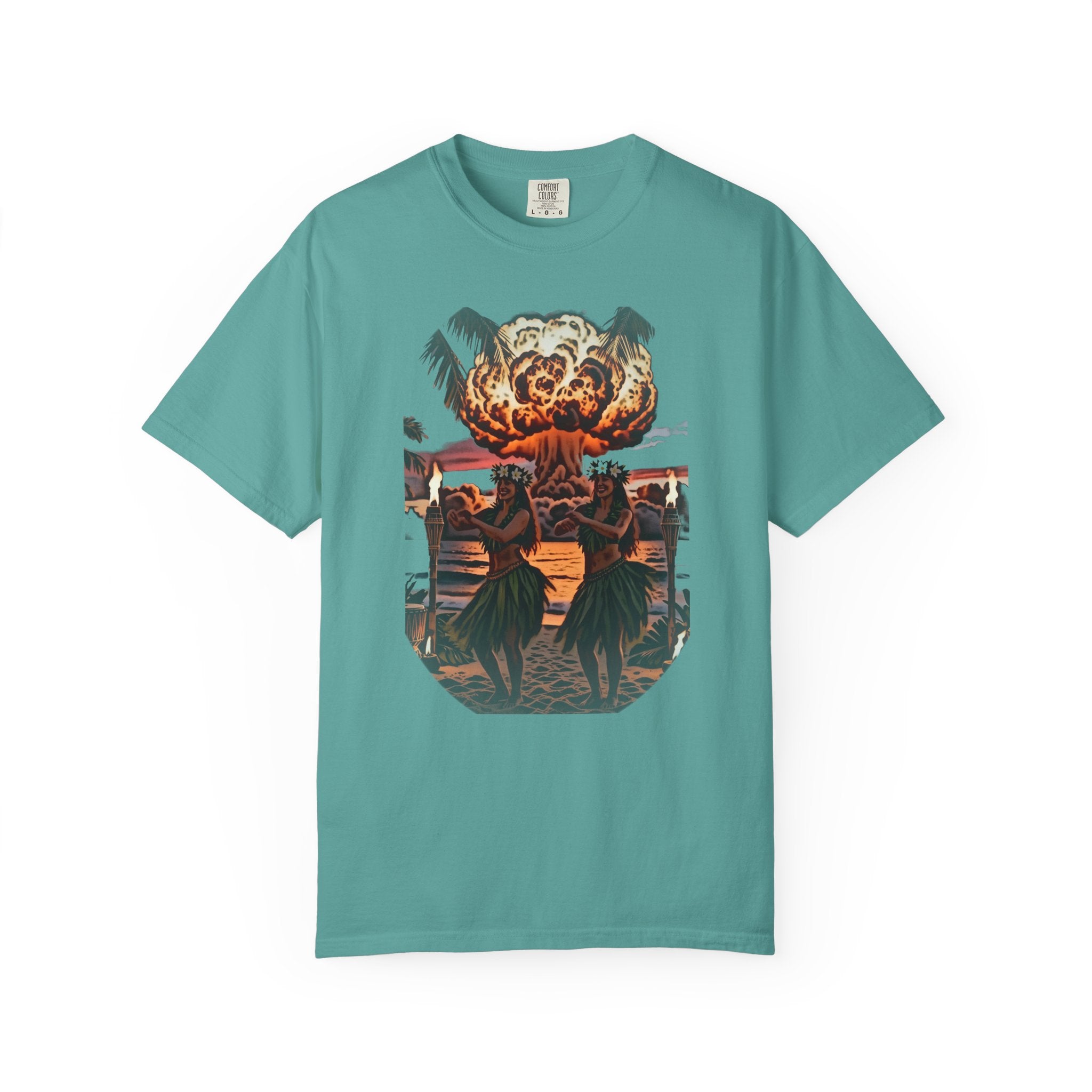 Nuclear Hula Party — Tiki Apocalypse Hula Girls Tee | Comfort Colors 1717 Garment-Dyed Dark Humor