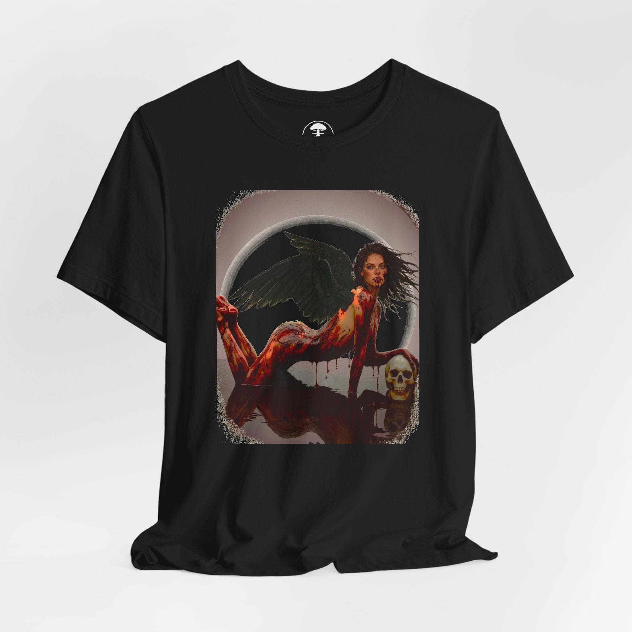 Gothic Fallen Angel With Skull Tee — Dark Fantasy Winged Woman Graphic T-Shirt