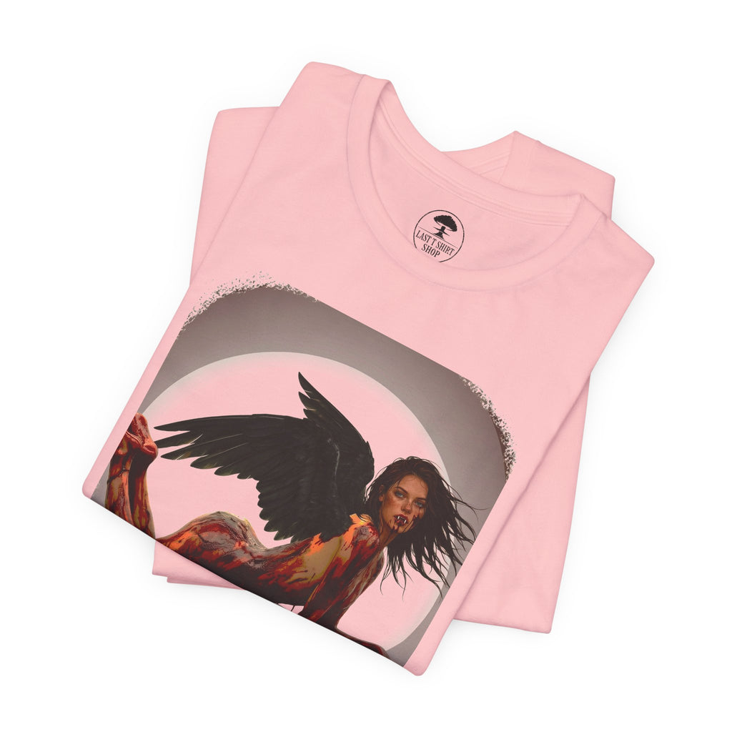 Gothic Fallen Angel With Skull Tee — Dark Fantasy Winged Woman Graphic T-Shirt