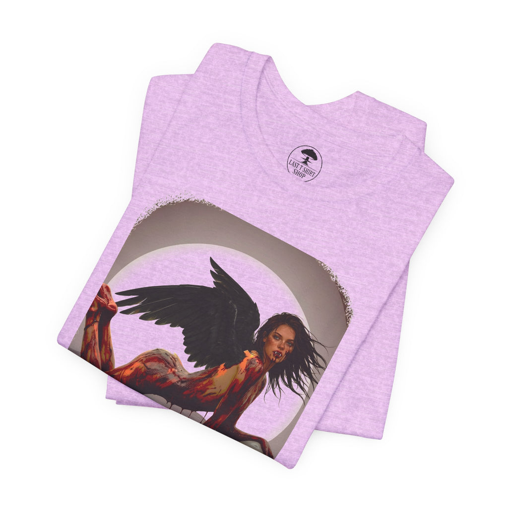 Gothic Fallen Angel With Skull Tee — Dark Fantasy Winged Woman Graphic T-Shirt