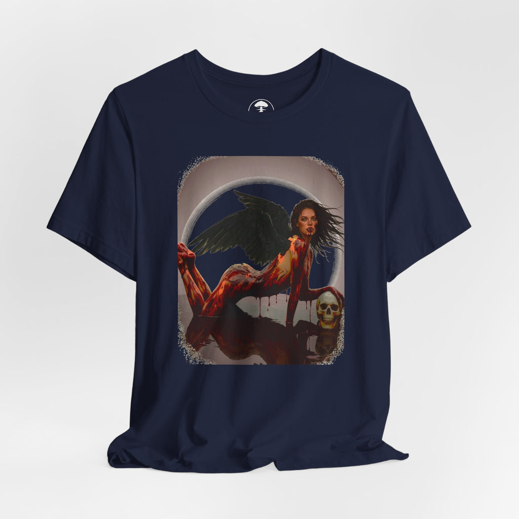 Gothic Fallen Angel With Skull Tee — Dark Fantasy Winged Woman Graphic T-Shirt