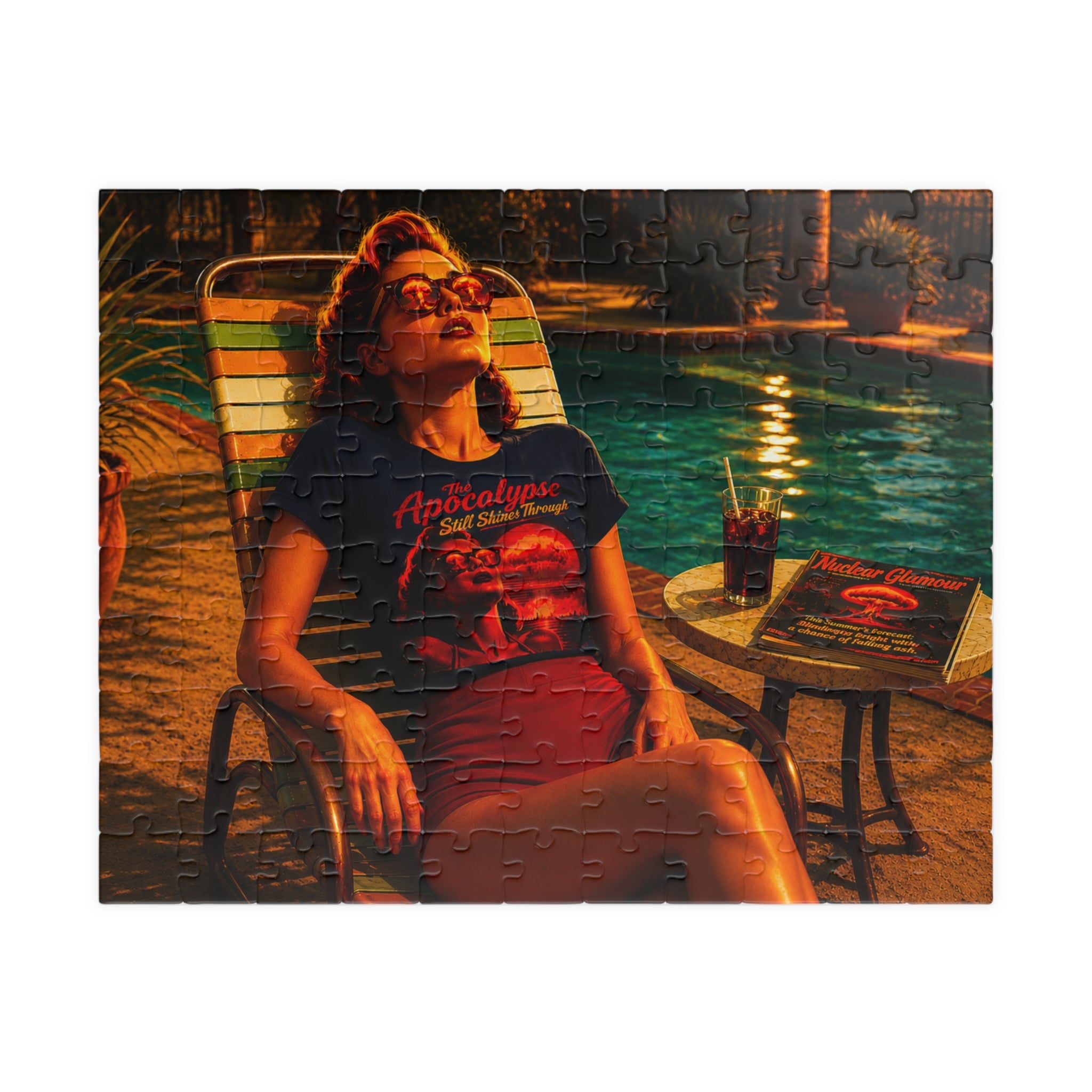 The Apocalypse Still Shines Through — Nuclear Chic Jigsaw Puzzle | Retro Poolside Pin-Up Night Scene (110, 252, 520, 1014-piece)