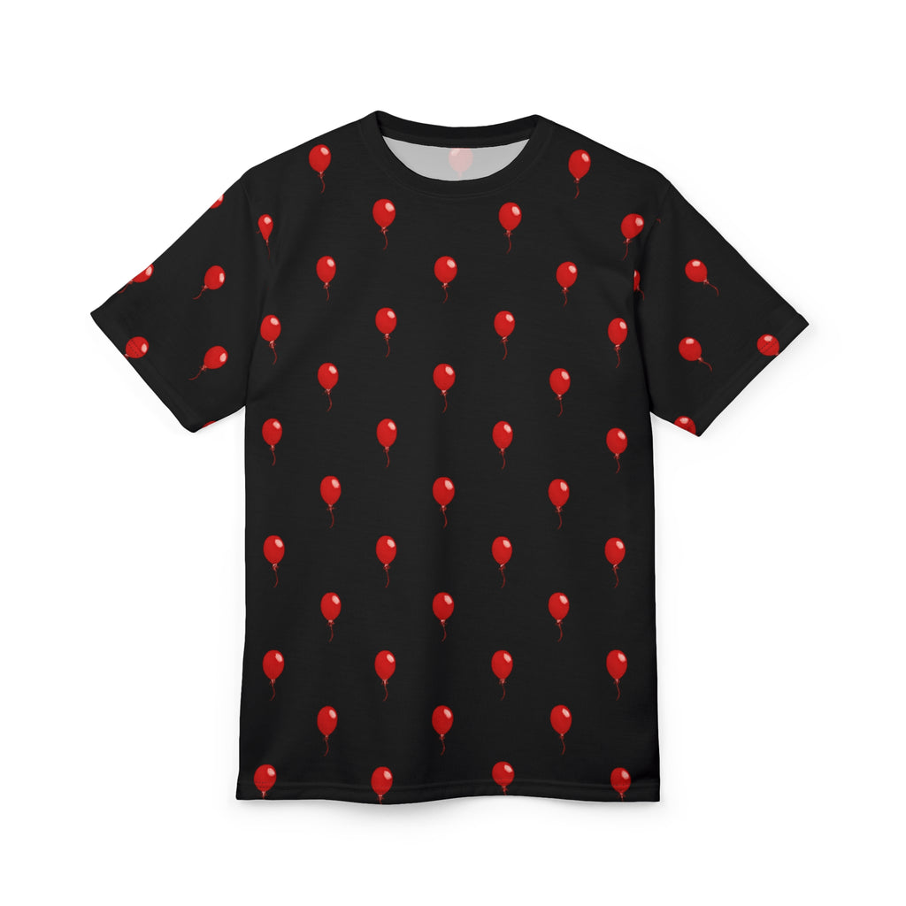 Red Balloon on Black Pattern Tee — All-Over Print Graphic T-Shirt - Polka-dots