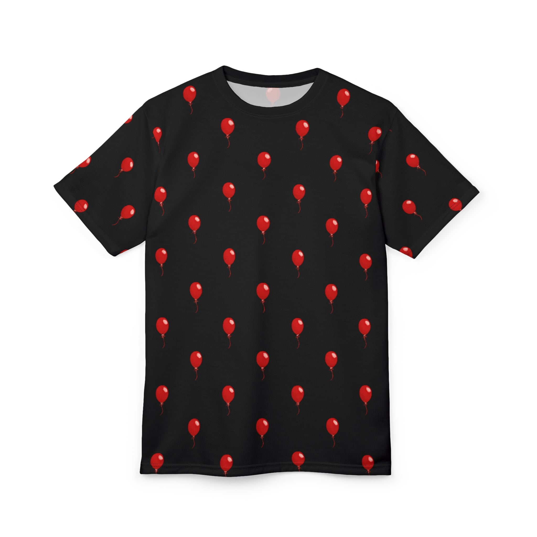 Red Balloon on Black Pattern Tee — All-Over Print Graphic T-Shirt - Polka-dots