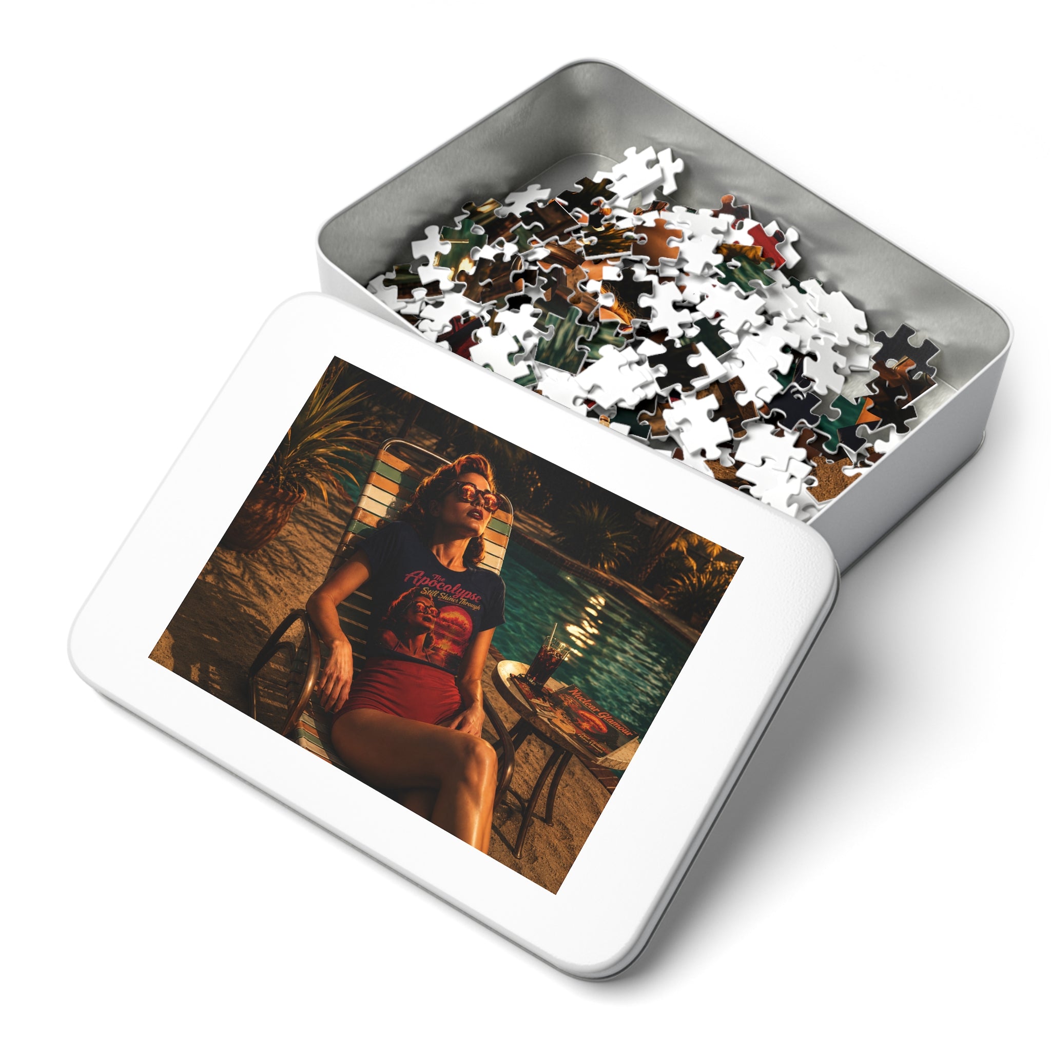 "The Apocalypse Still Shines Through" — Nuclear Chic Jigsaw Puzzle in Tin | Retro Poolside Pin-Up Twilight Scene