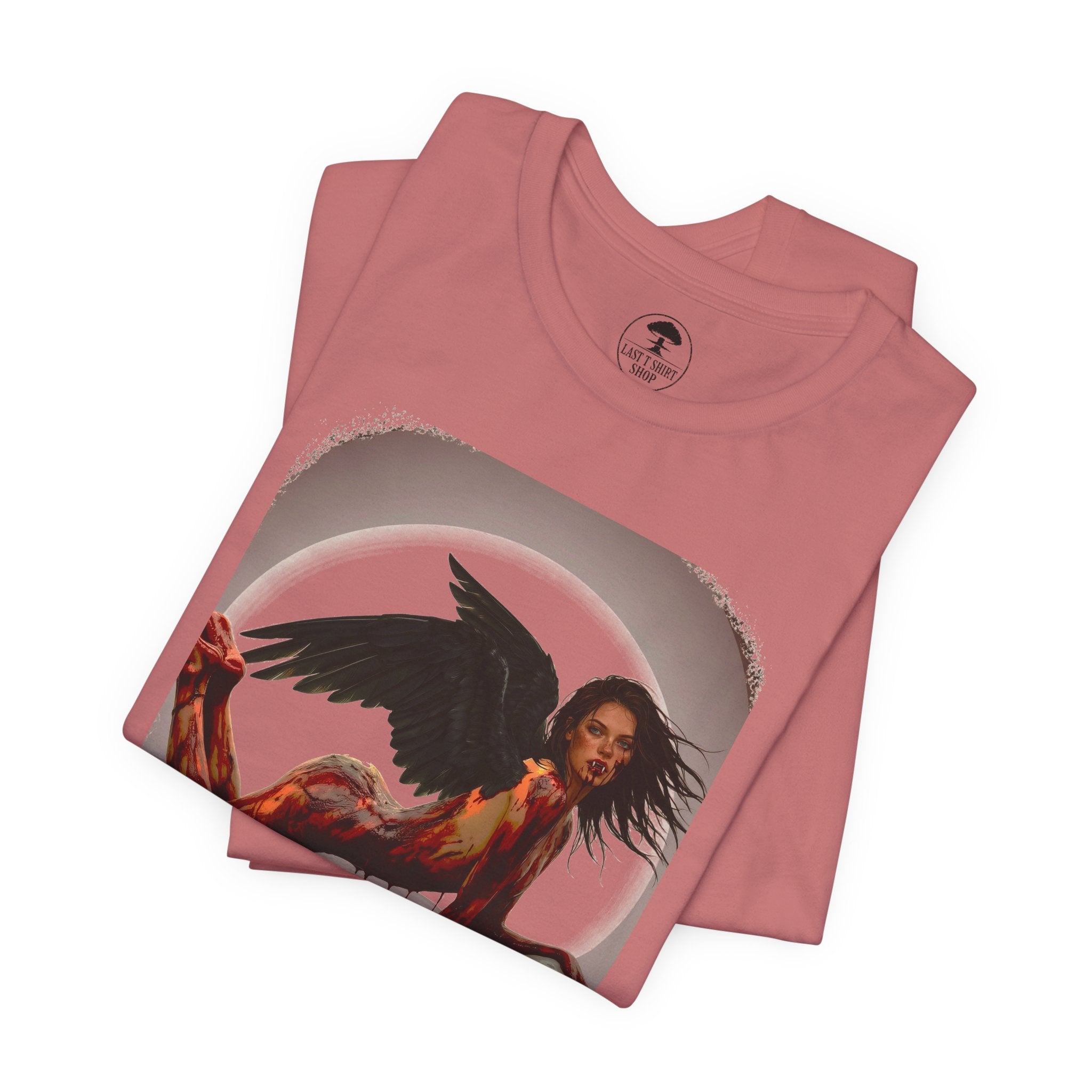 Gothic Fallen Angel With Skull Tee — Dark Fantasy Winged Woman Graphic T-Shirt