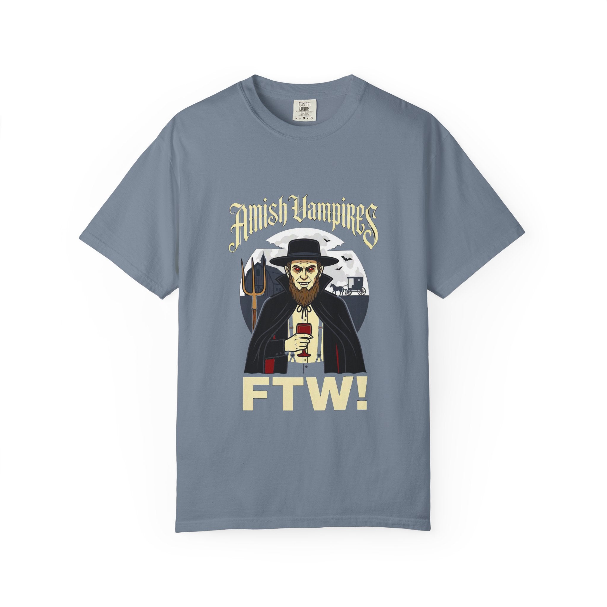 Amish Vampires FTW — Absurd Gothic Horror Dark Humor Tee | Comfort Colors 1717 Garment-Dyed