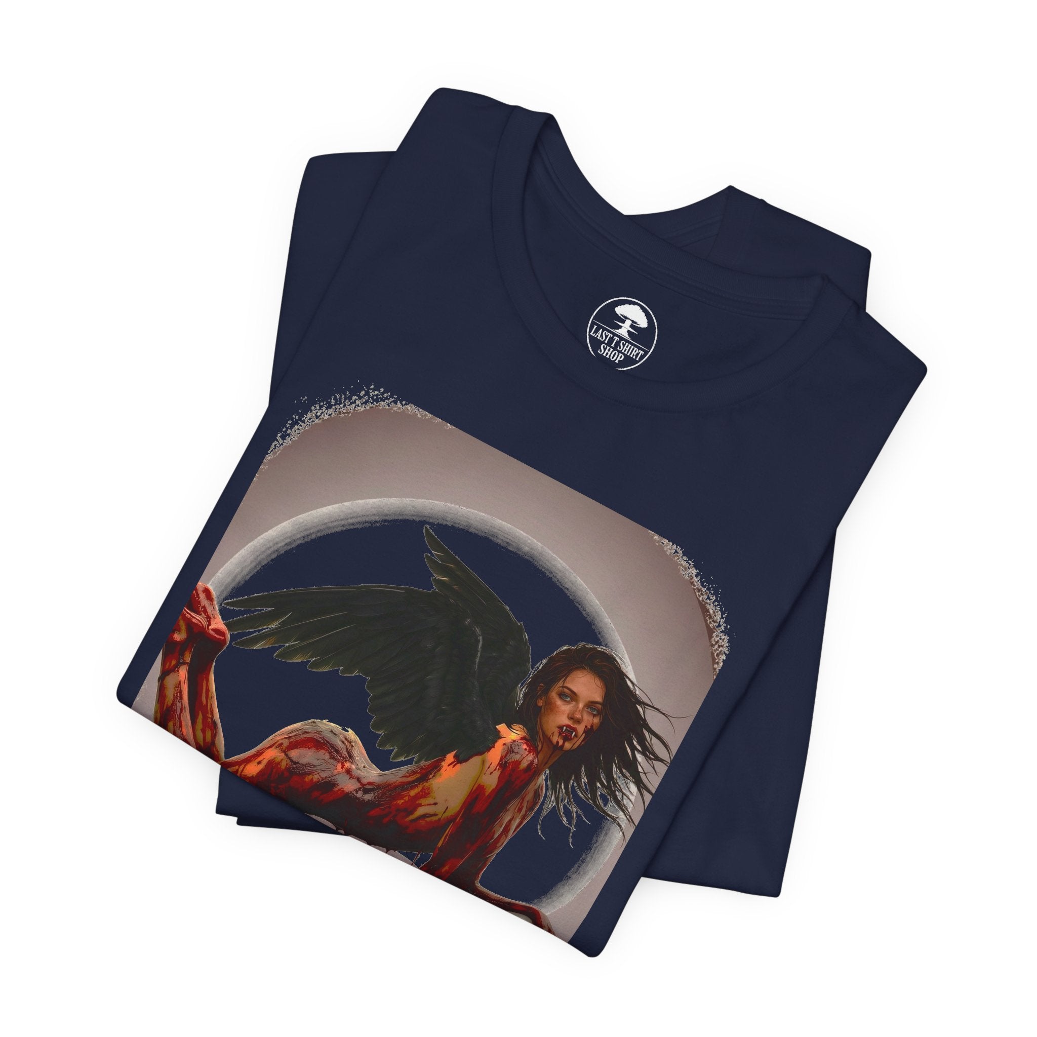 Gothic Fallen Angel With Skull Tee — Dark Fantasy Winged Woman Graphic T-Shirt