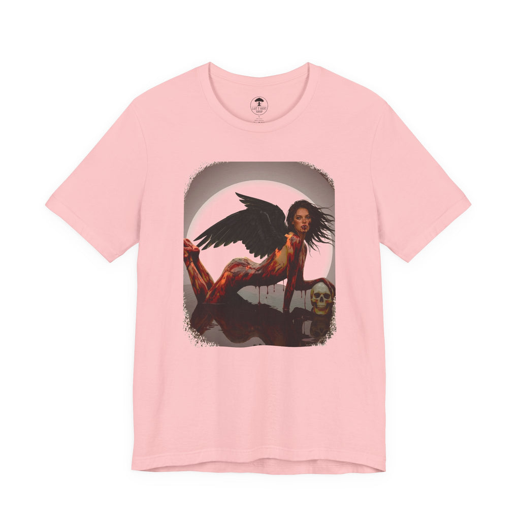 Gothic Fallen Angel With Skull Tee — Dark Fantasy Winged Woman Graphic T-Shirt