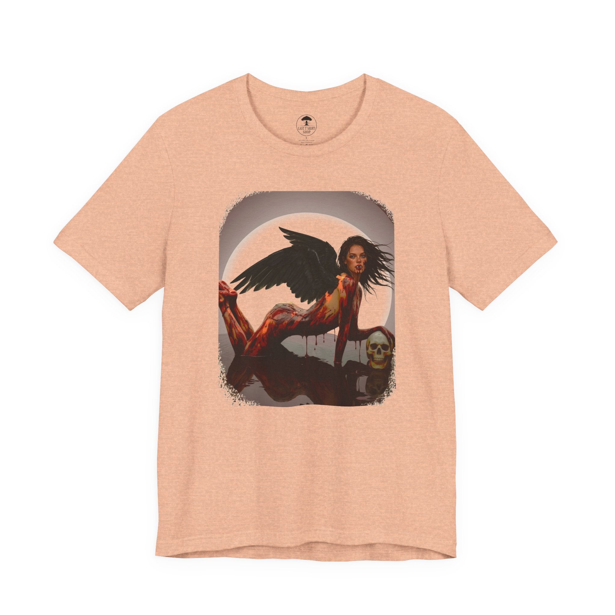 Gothic Fallen Angel With Skull Tee — Dark Fantasy Winged Woman Graphic T-Shirt