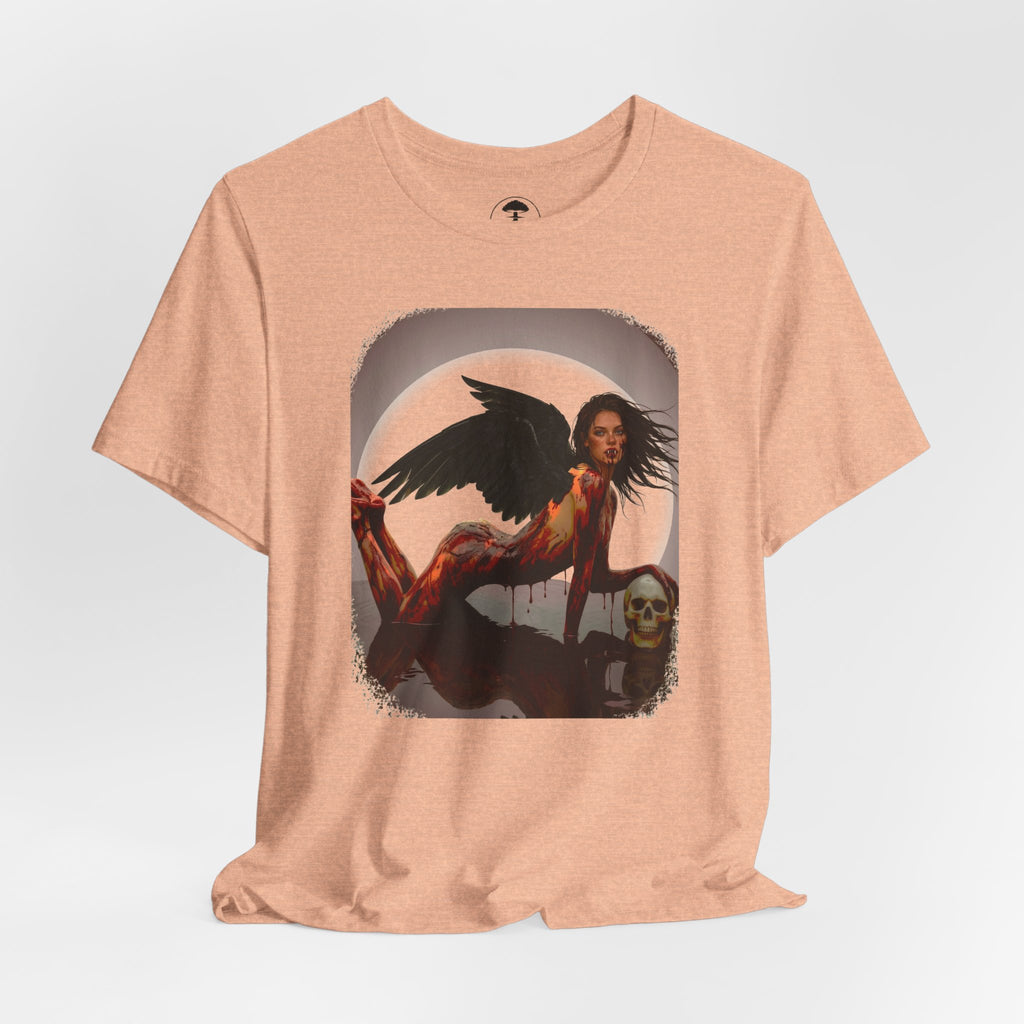Gothic Fallen Angel With Skull Tee — Dark Fantasy Winged Woman Graphic T-Shirt