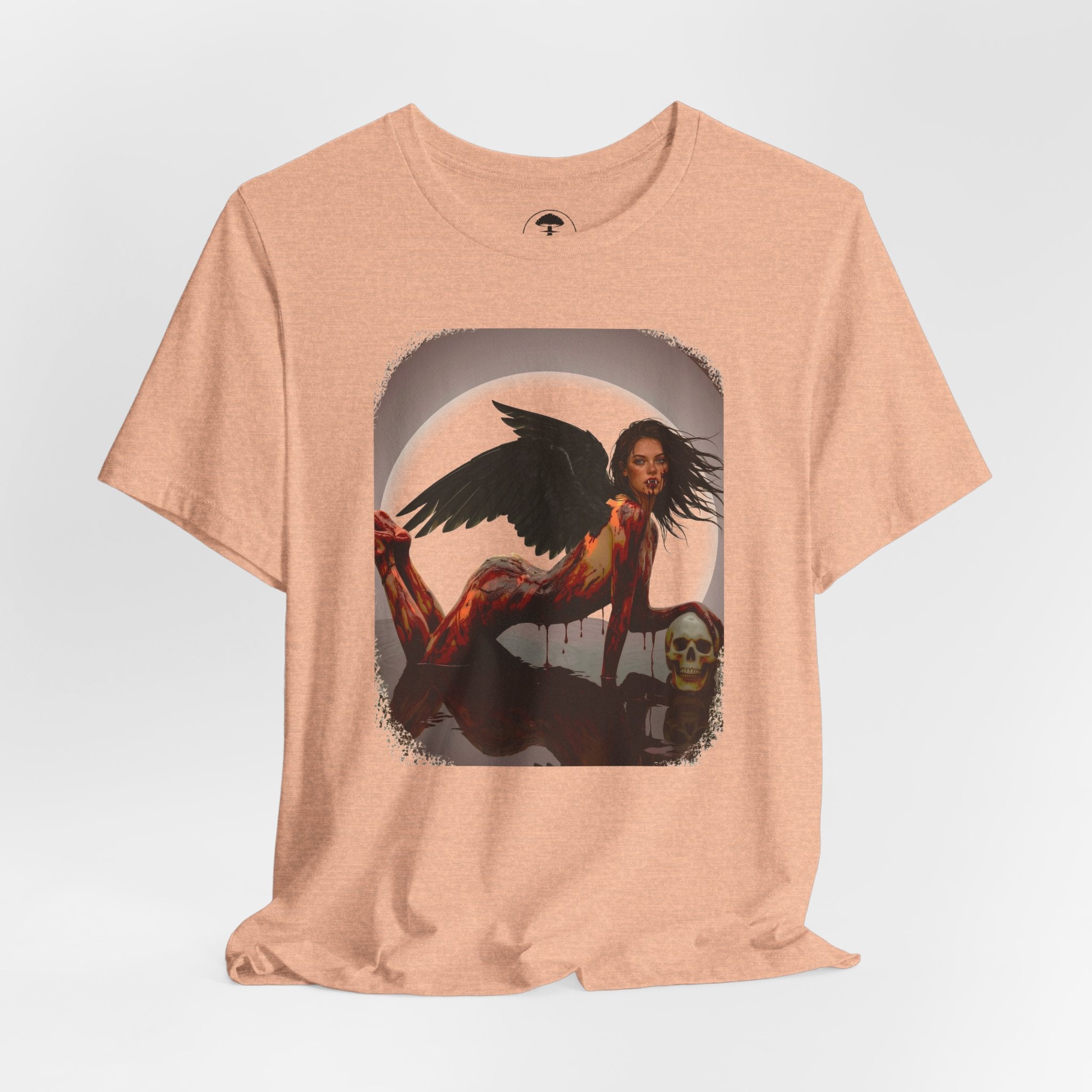 Gothic Fallen Angel With Skull Tee — Dark Fantasy Winged Woman Graphic T-Shirt