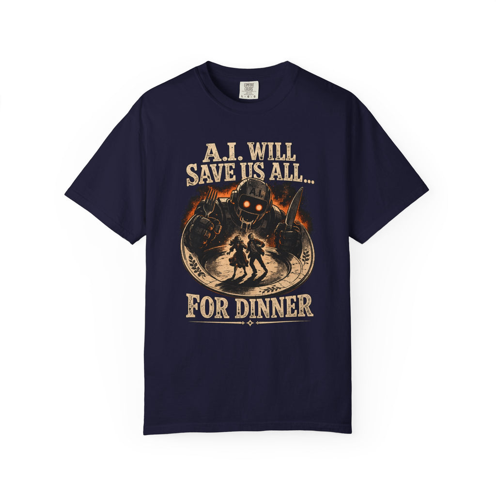 AI Will Save Us All (For Dinner) — Killer Robot Dark Humor Tee | Comfort Colors 1717 Garment-Dyed