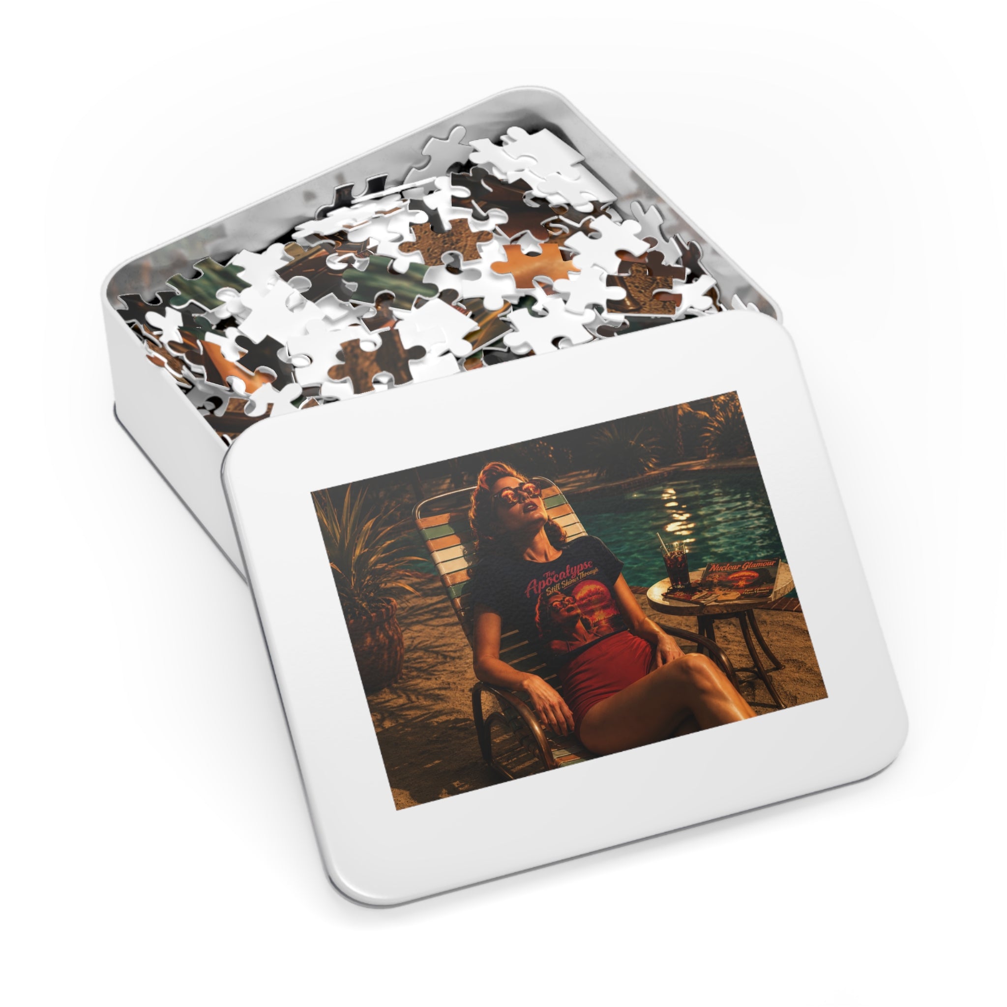 "The Apocalypse Still Shines Through" — Nuclear Chic Jigsaw Puzzle in Tin | Retro Poolside Pin-Up Twilight Scene