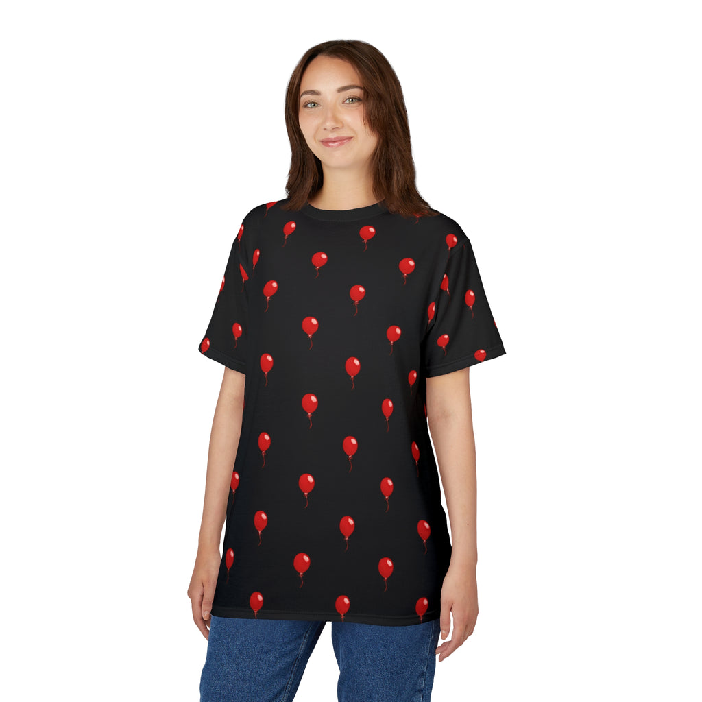 Red Balloon on Black Pattern Tee — All-Over Print Graphic T-Shirt - Polka-dots
