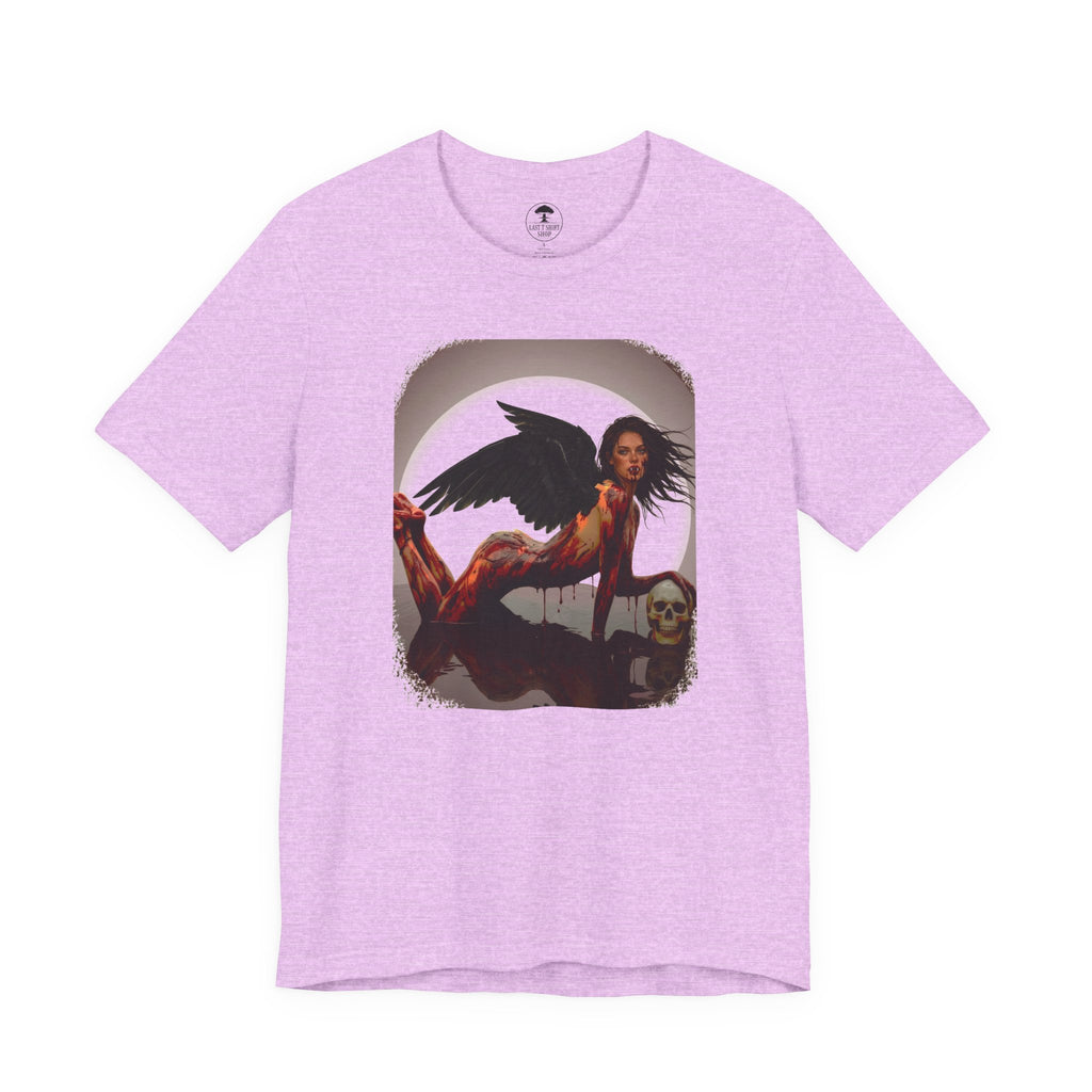 Gothic Fallen Angel With Skull Tee — Dark Fantasy Winged Woman Graphic T-Shirt