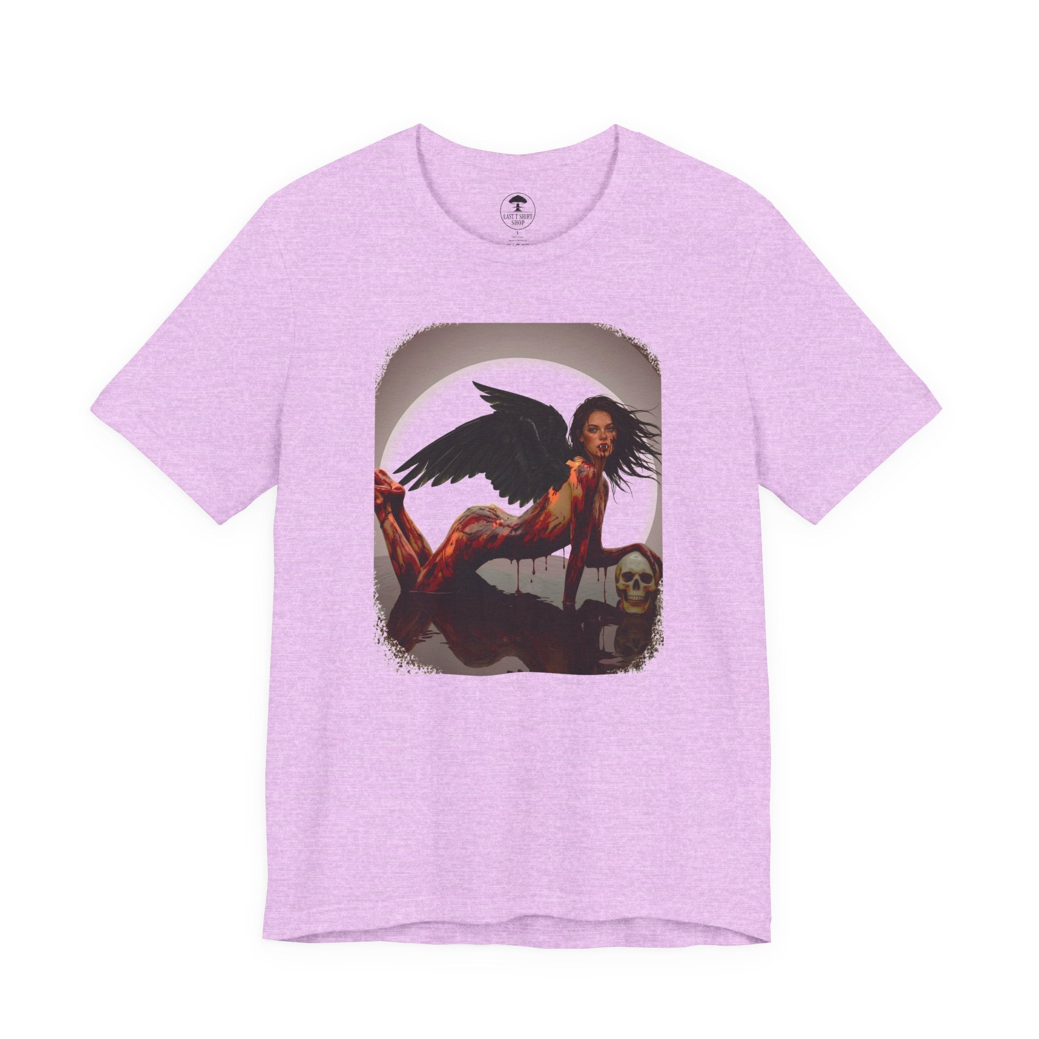 Gothic Fallen Angel With Skull Tee — Dark Fantasy Winged Woman Graphic T-Shirt