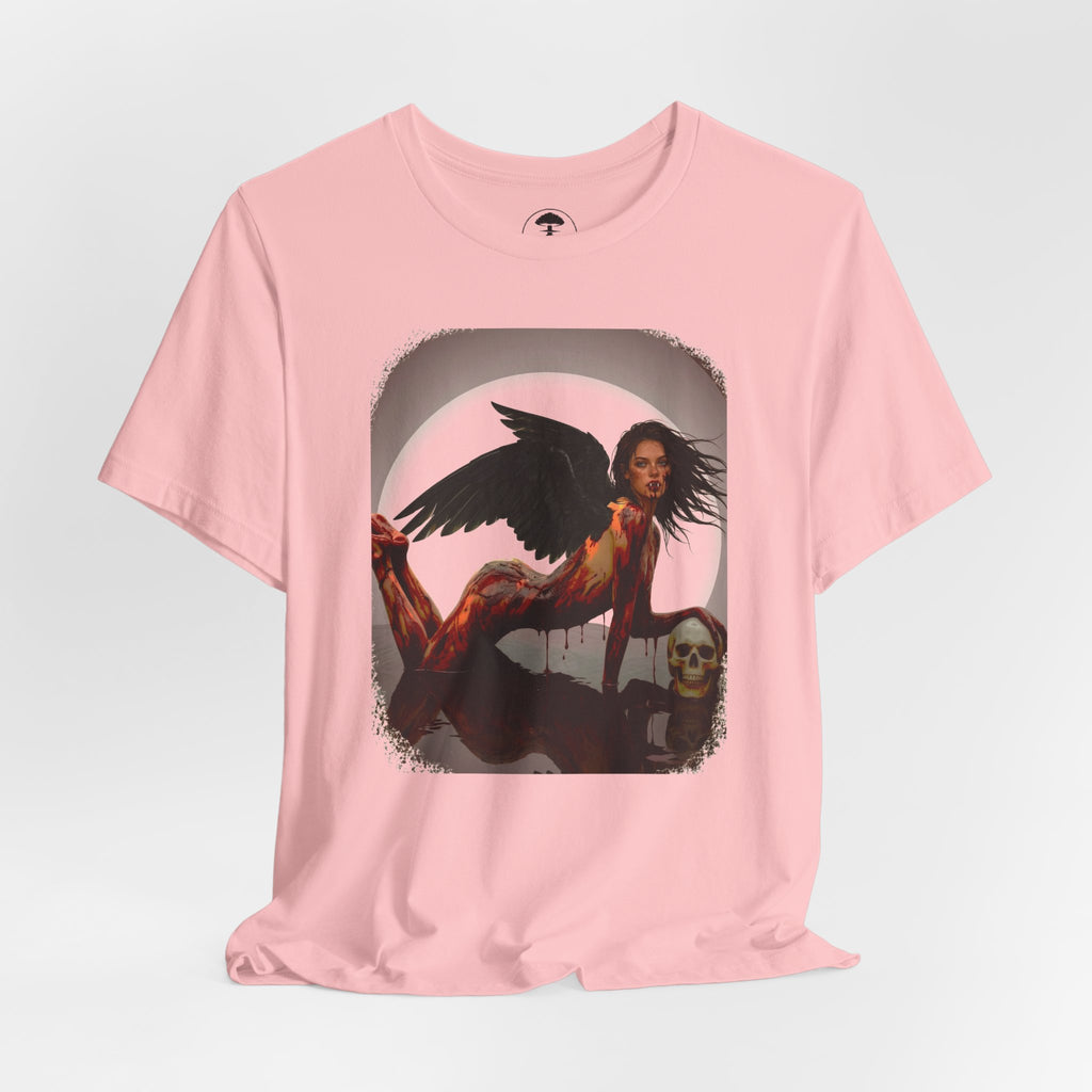 Gothic Fallen Angel With Skull Tee — Dark Fantasy Winged Woman Graphic T-Shirt
